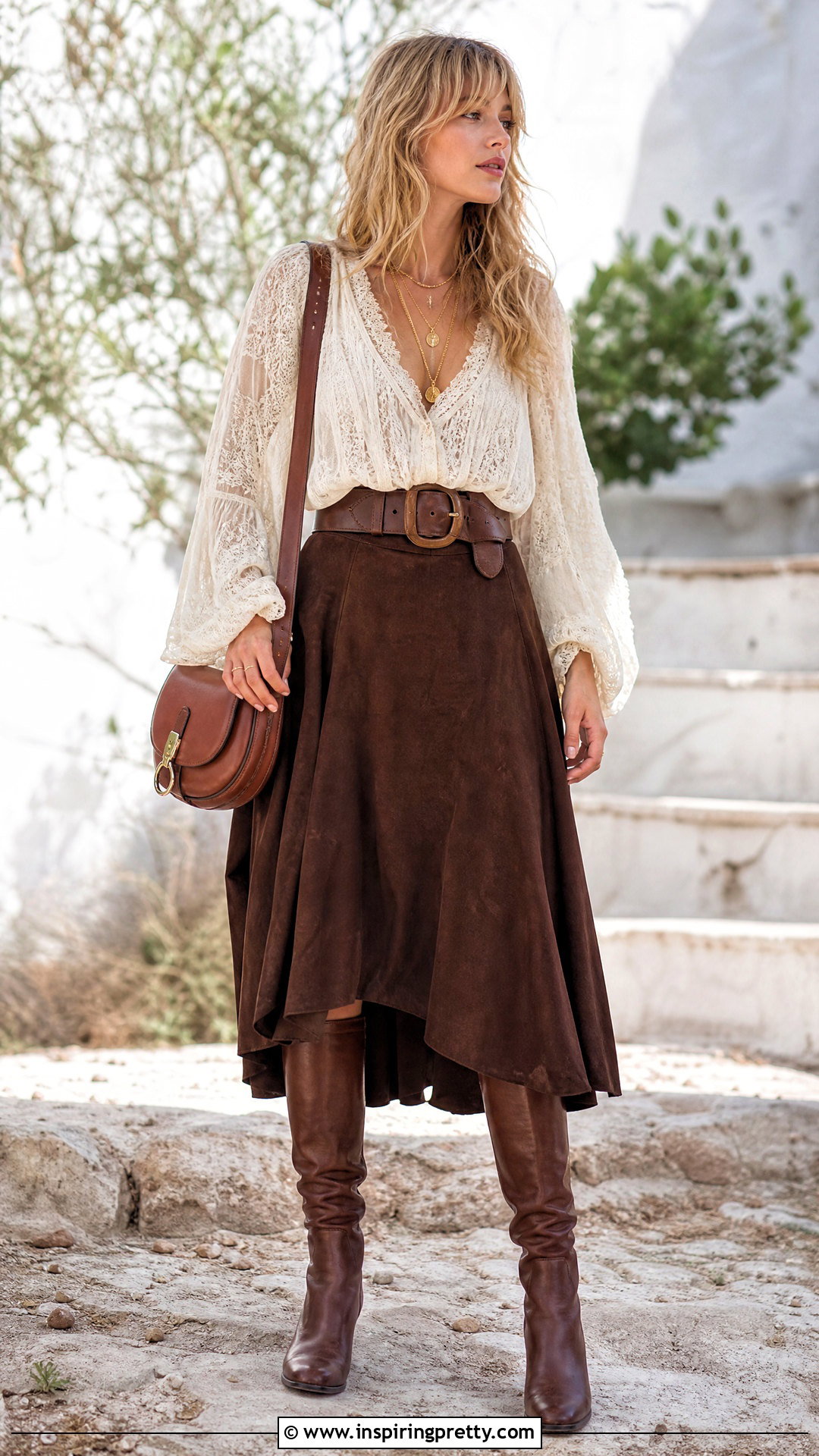 Ivory Lace Peasant Top With Suede Midi Skirt - 20 Stevie Nicks Style Tops