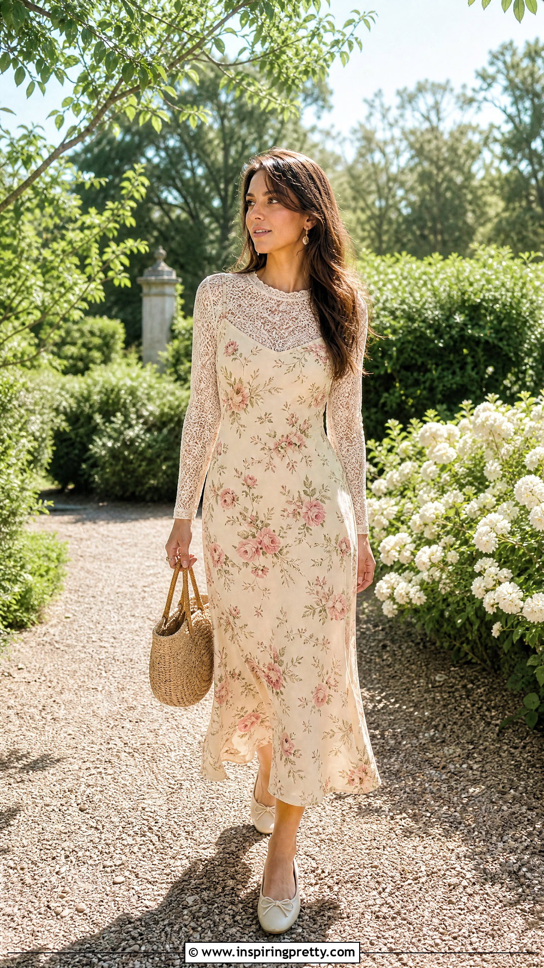 Ivory Lace Top Under Floral Slip Dress With Ballet Flats - 25 Lace Top Under Slip Dress outfit ideas