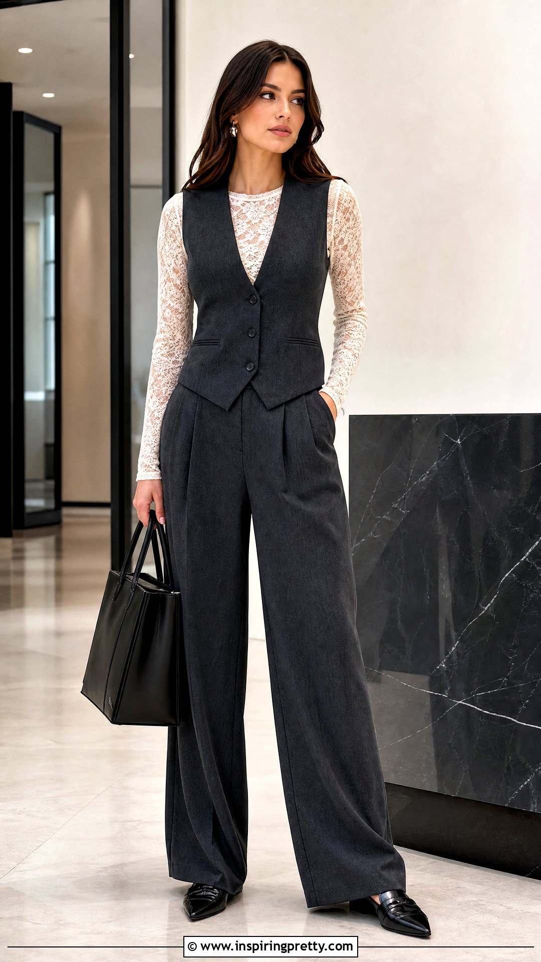 Ivory Long Sleeve Lace Top With Suit Vest And Trousers - 50 long sleeve lace top outfit ideas