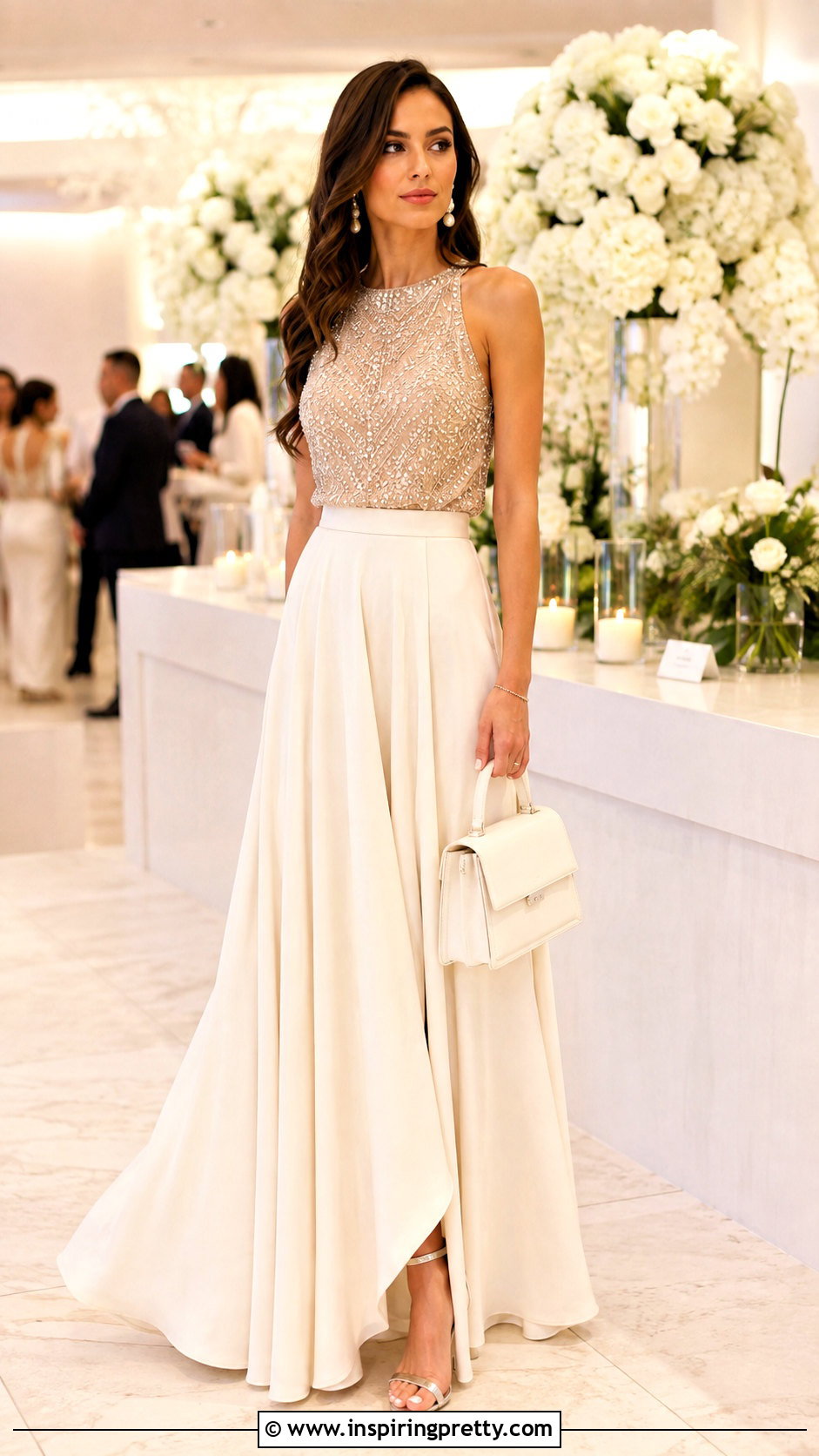 Ivory Maxi Skirt And Beaded Top Party Outfit - 50 skirt and top party wear outfits
