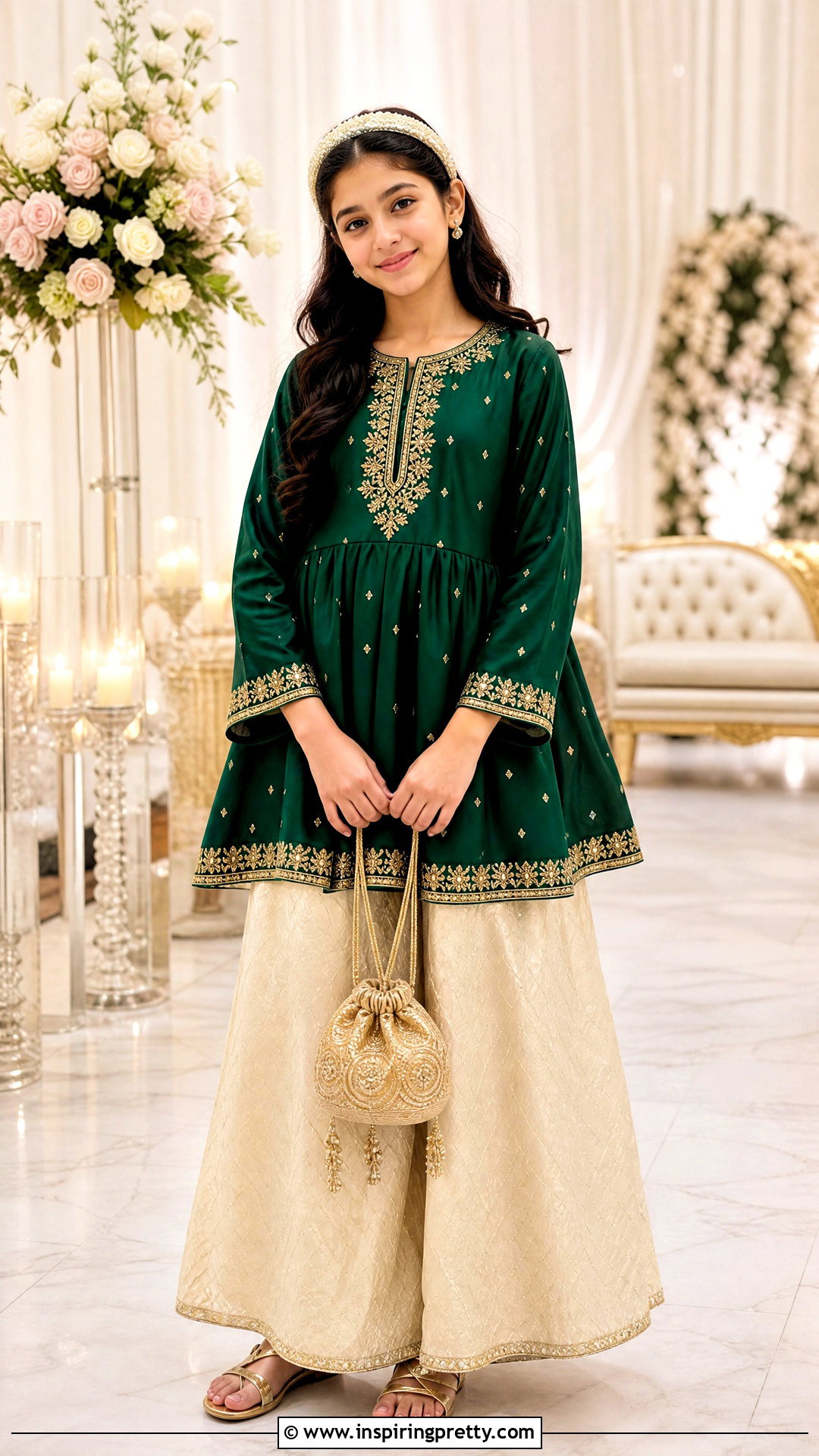 Ivory Palazzo With Green Peplum Kurti - 50 kids plazo with tops