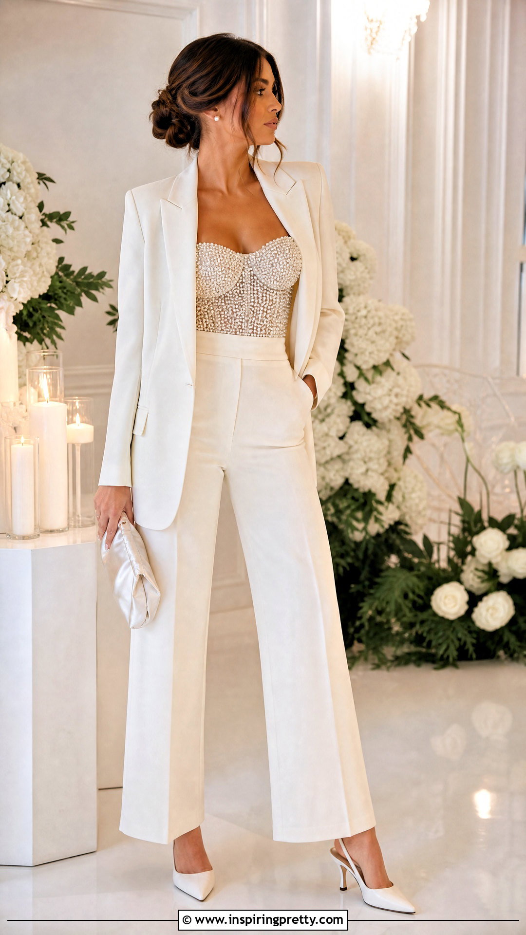 Ivory Pants Suit With Pearl Corset Top - 25 Pants Suit With Corset Tops