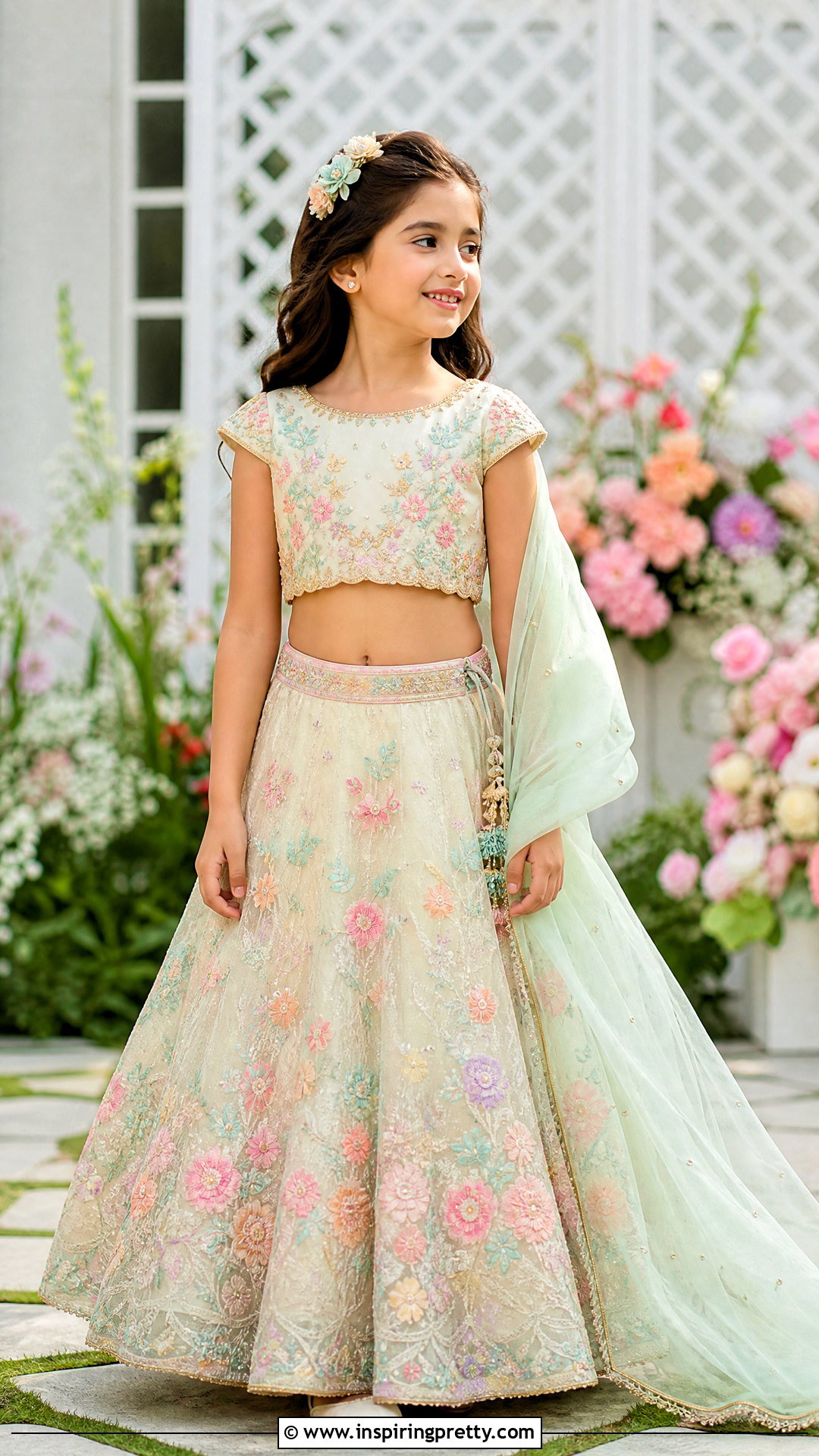Ivory Pastel Embroidered Kids Crop Top Lehenga - 50 kids crop top lehenga designs