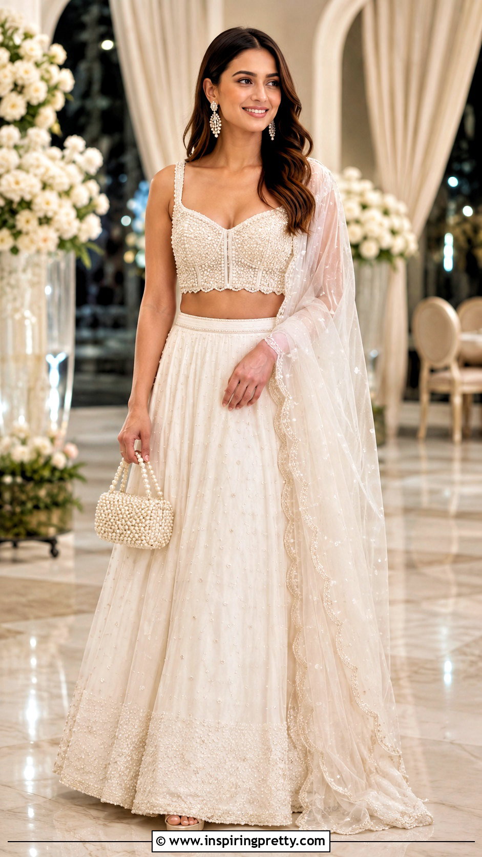 Ivory Pearl Lehenga Crop Top Outfit - 50 party wear lehenga crop tops outfit ideas