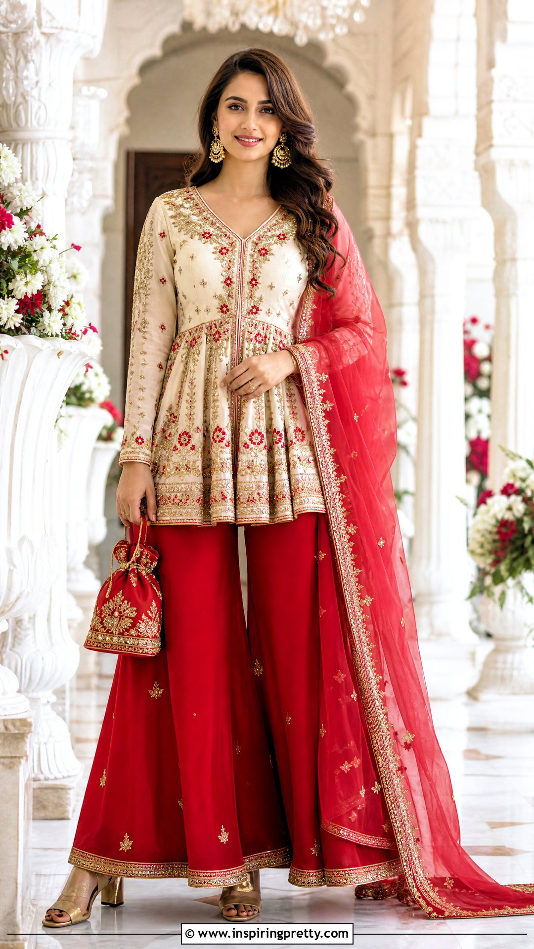 Ivory Peplum Top With Red Sharara - 50 peplum top with sharara outfit ideas