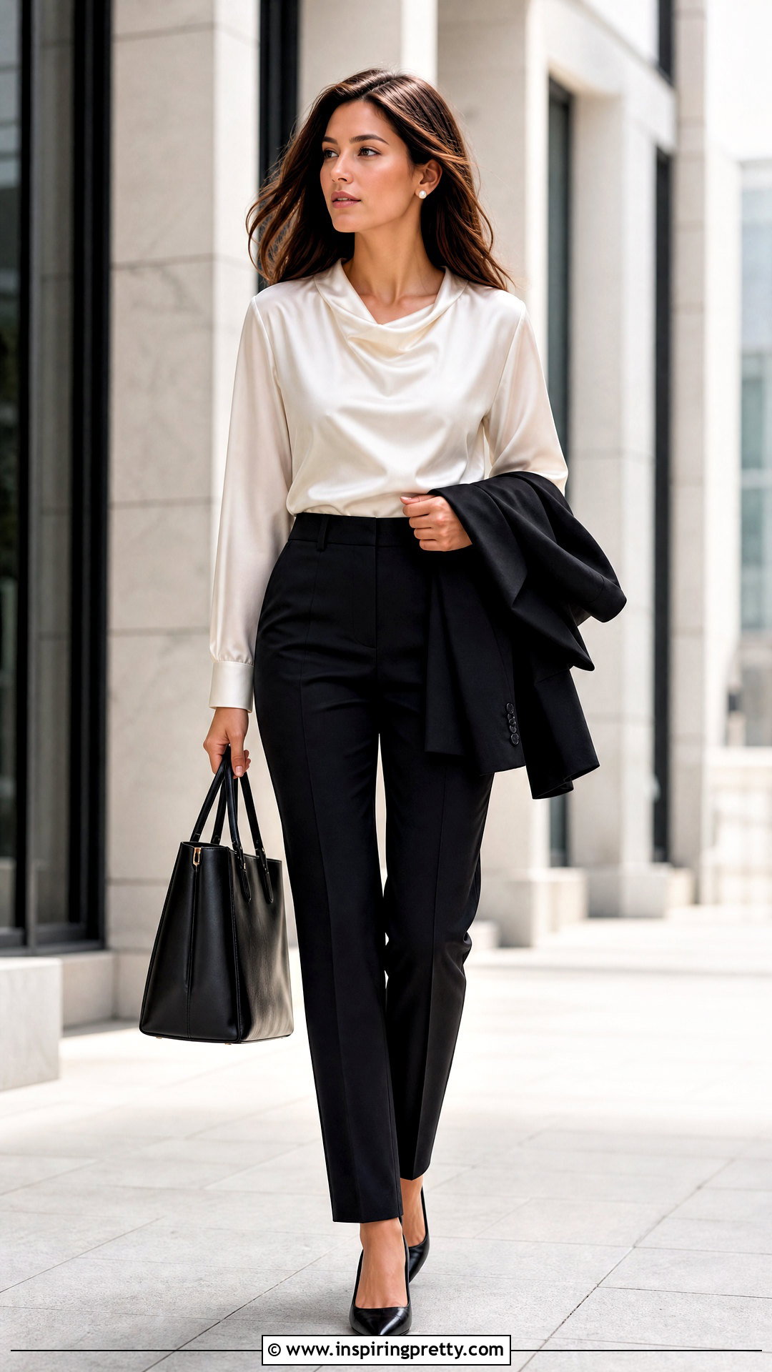 Ivory Satin Top With Black Trousers - 50 satin top outfit classy ideas