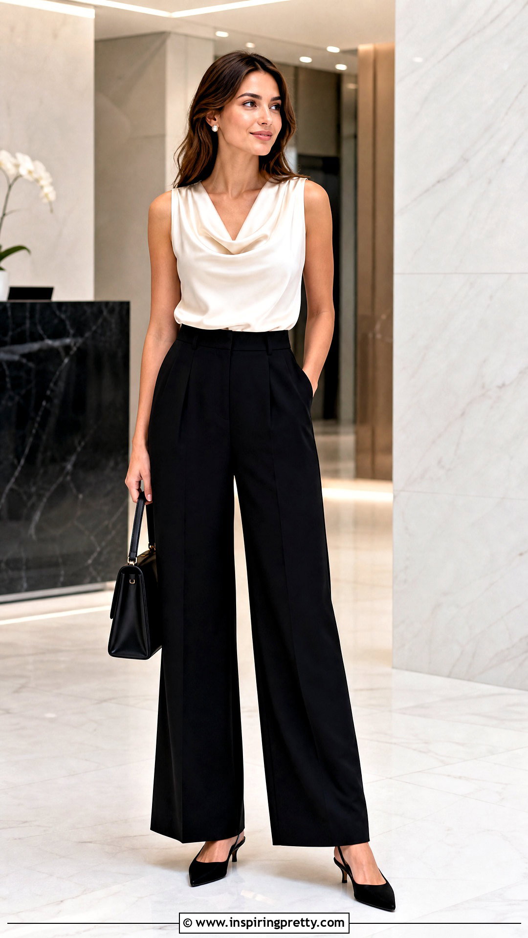 Ivory Satin Top With Black Wide Leg Pants - 50 classy satin tops blouses