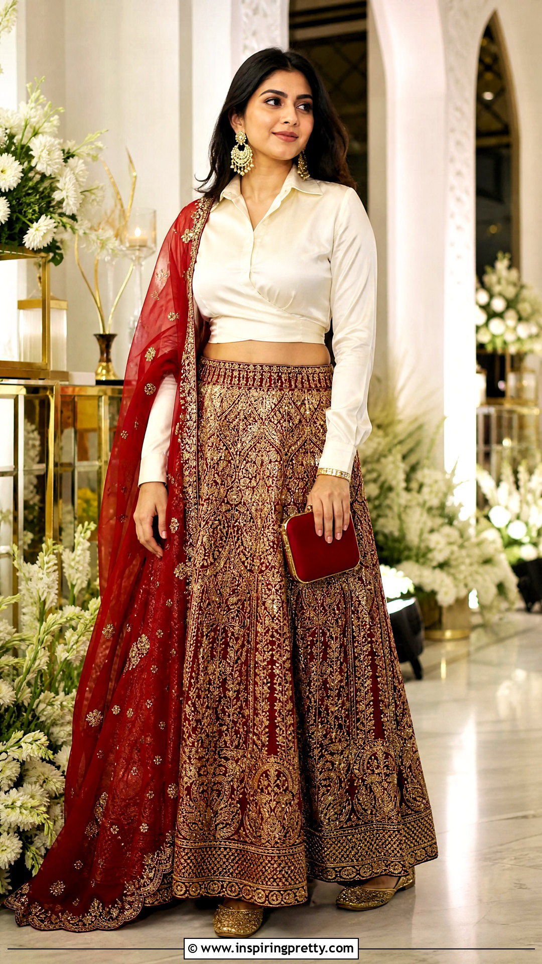 Ivory Silk Crop Shirt With Red Lehenga Outfit - 25 shirt crop top lehenga outfit ideas