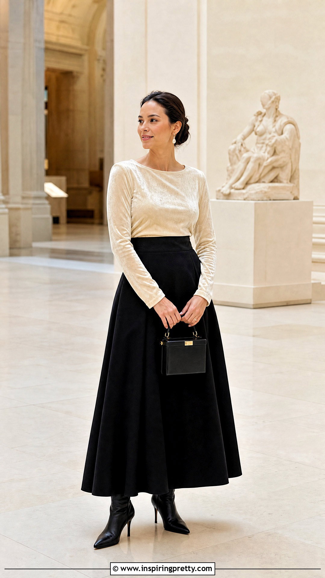 Ivory Silk Velvet Top With Black Maxi Skirt - 25 silk velvet top outfit ideas
