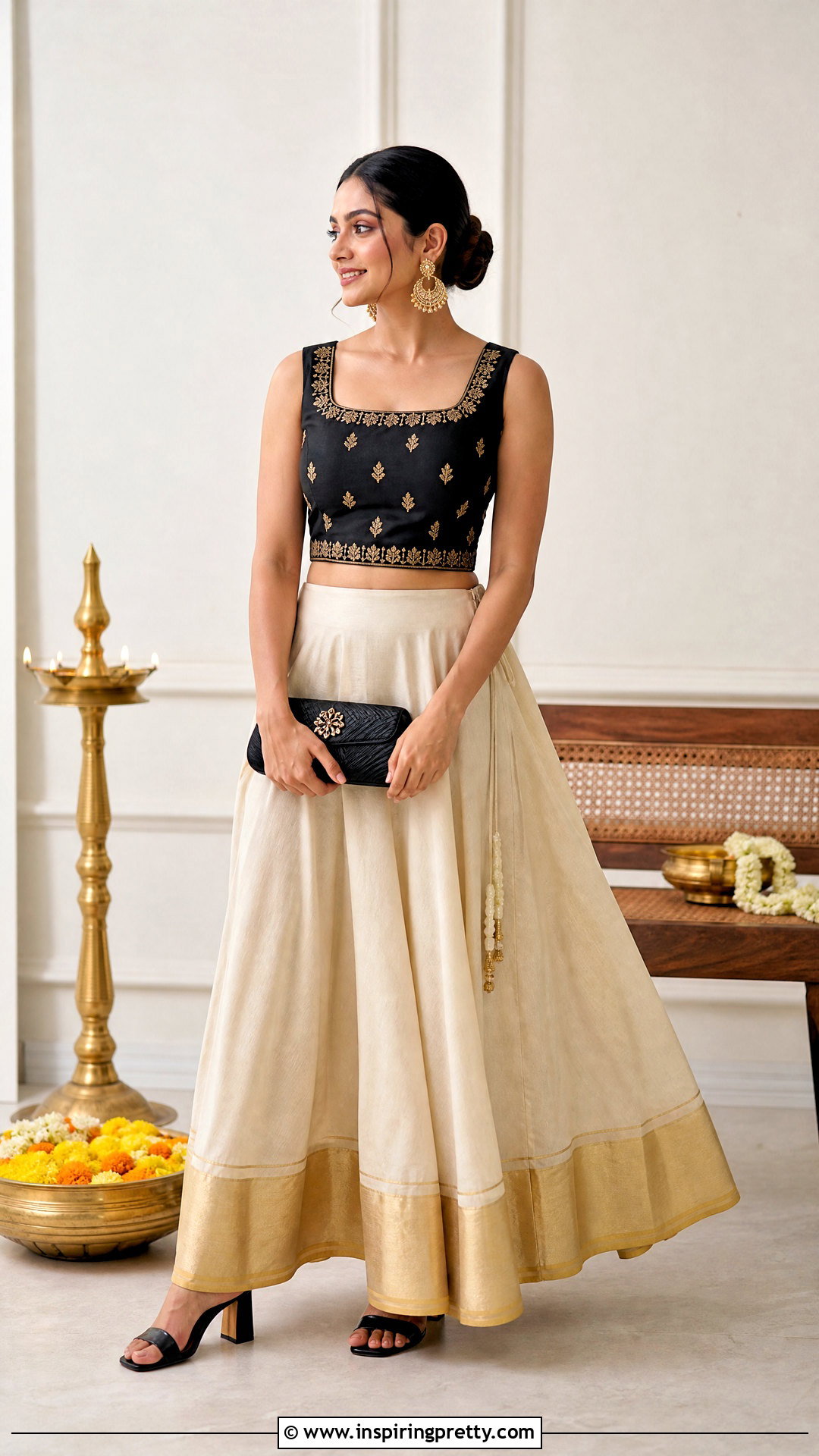Ivory Skirt And Black Embroidered Top - 50 onam skirt and top designs