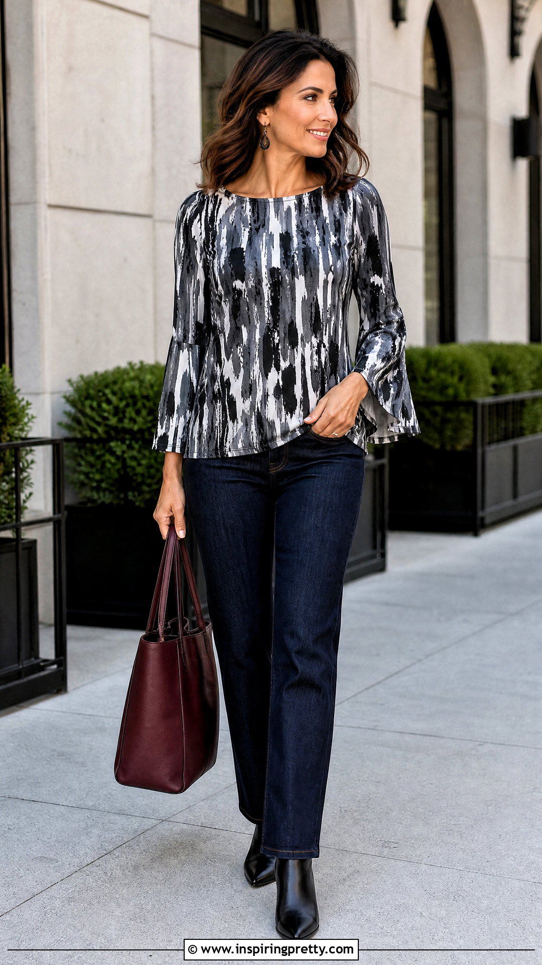 JM Collection Bell Sleeve Top With Dark Jeans - 20 jm collection tops outfit ideas