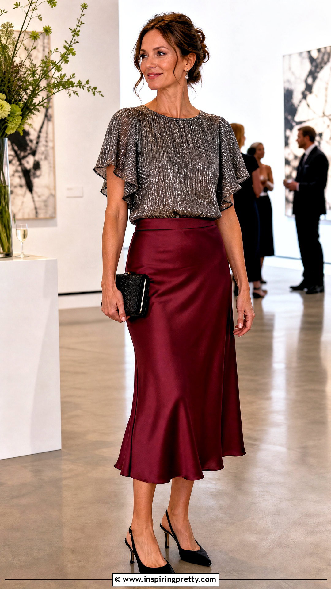 JM Collection Metallic Top With Satin Midi Skirt - 20 jm collection tops outfit ideas