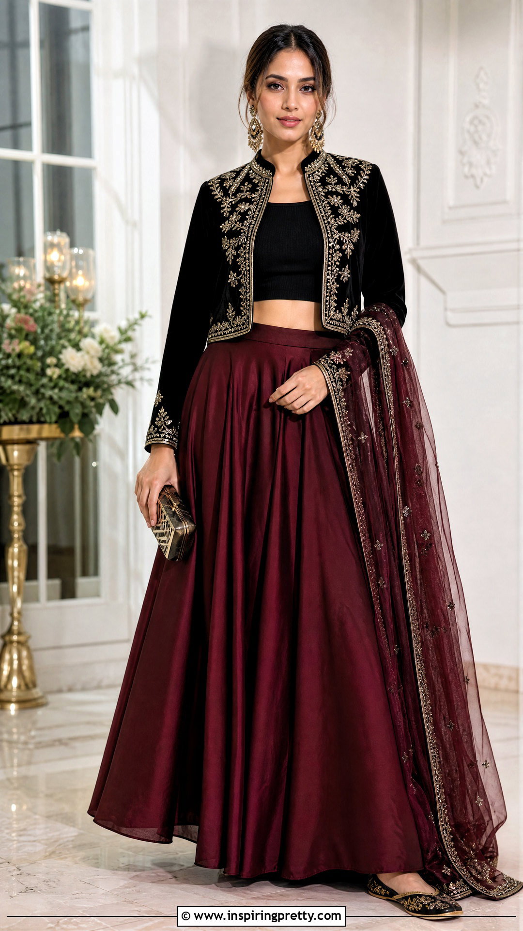 Jacket Velvet Crop Top With Plain Lehenga - 50 velvet crop top designs for lehengas