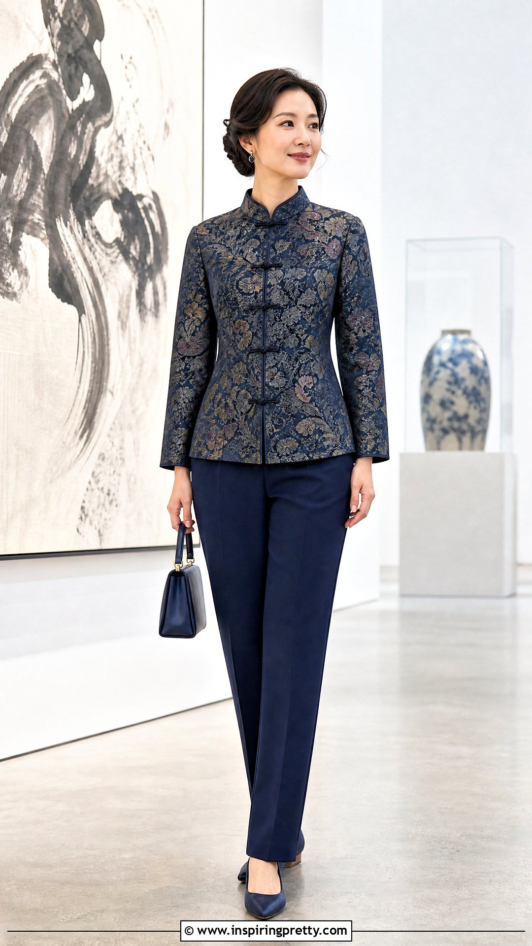 Jacquard Chinese Top With Straight Leg Pants - 50 chinese top outfit ideas