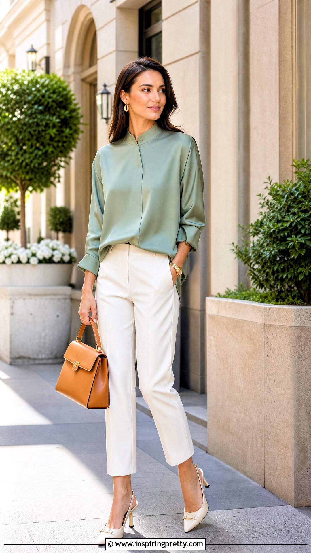 Jade Green Mandarin Top With Cream Pants - 50 chinese top outfit ideas