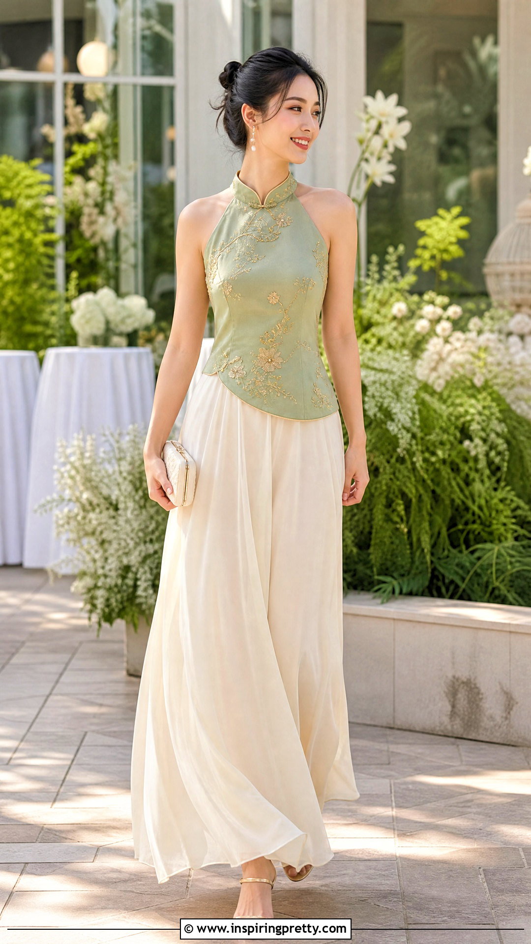 Jade Qipao Halter Top With Ivory Maxi Skirt - 25 qipao halter top outfit ideas
