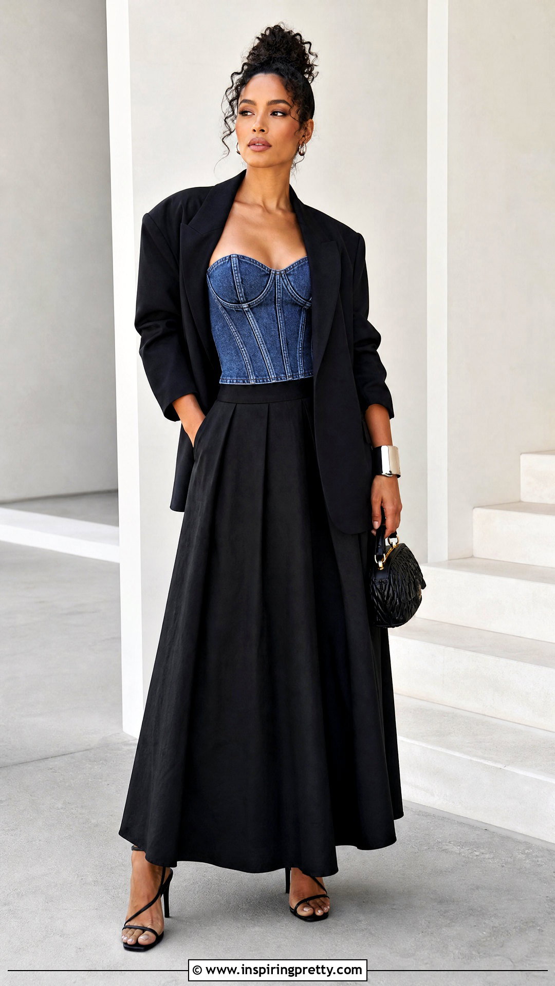 Jean Corset Top With Black Maxi Skirt - 50 jean corset top outfit ideas