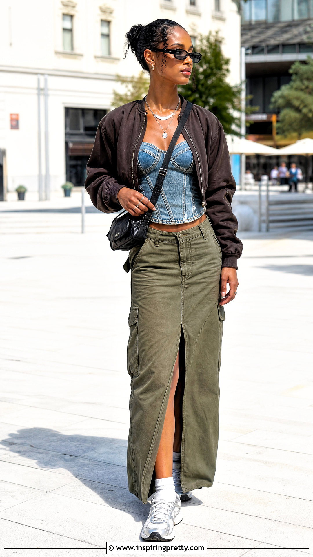 Jean Corset Top With Cargo Maxi Skirt - 50 jean corset top outfit ideas