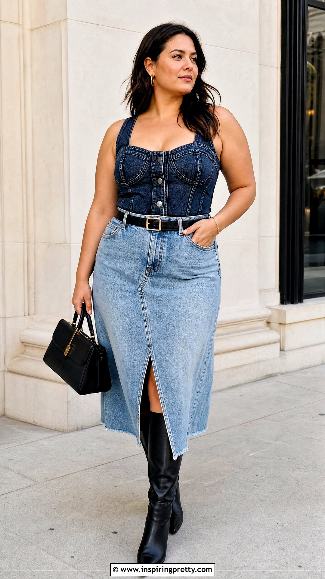 Jean Corset Top With Denim Midi Skirt - 50 jean corset top outfit ideas