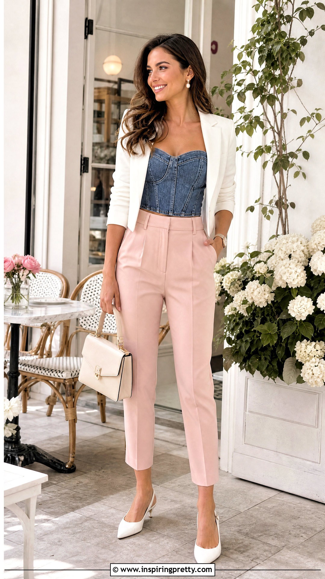 Jean Corset Top With Pink Trousers - 50 jean corset top outfit ideas