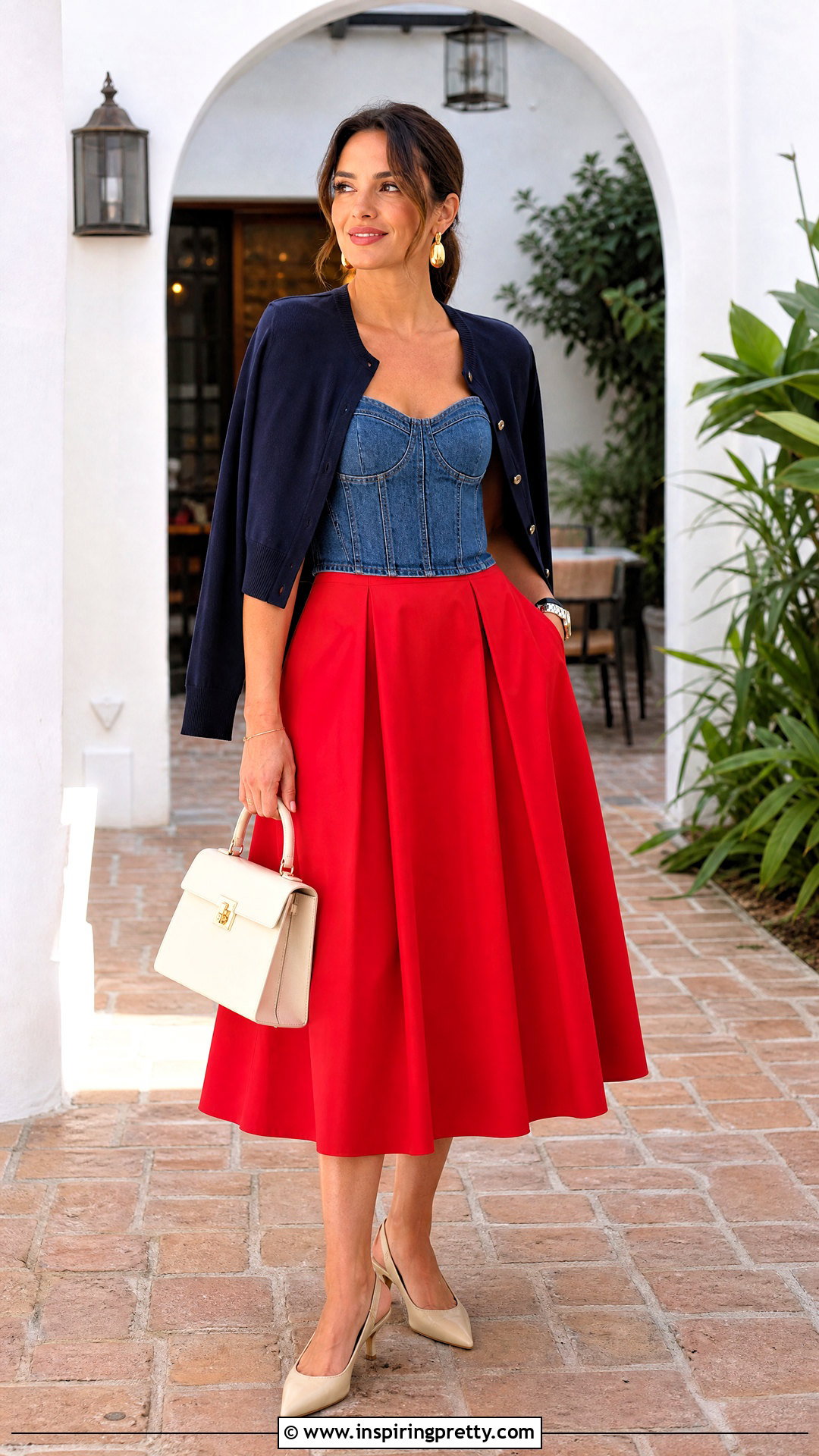 Jean Corset Top With Red Midi Skirt - 50 jean corset top outfit ideas