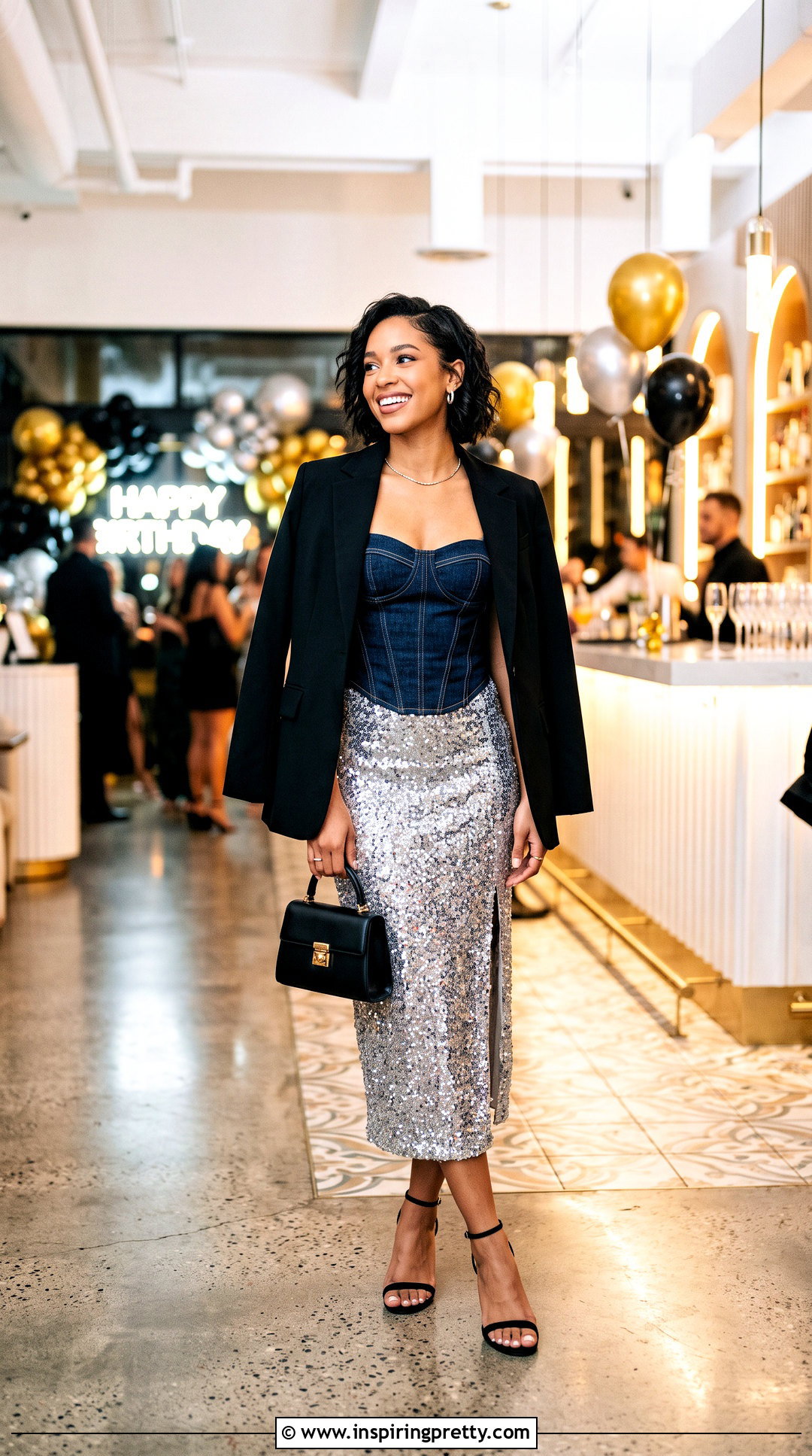 Jean Corset Top With Sequin Midi Skirt - 50 jean corset top outfit ideas