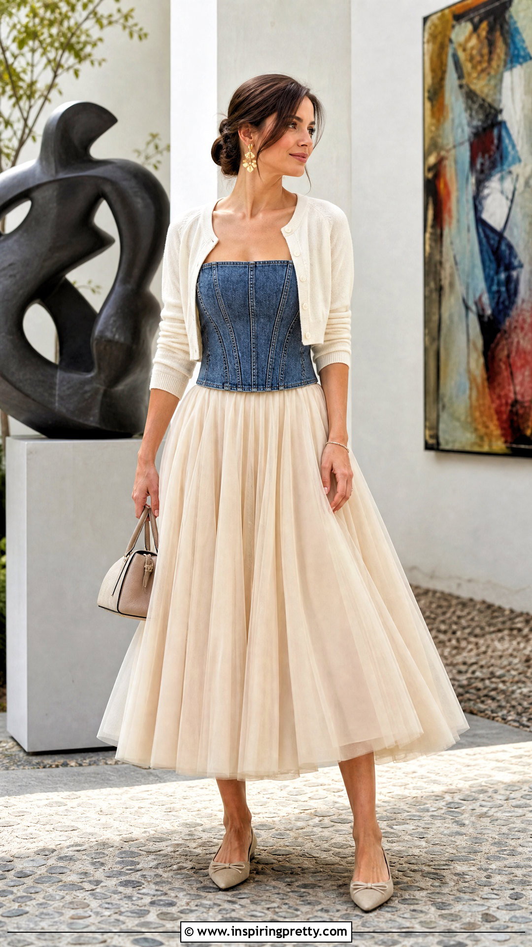 Jean Corset Top With Tulle Midi Skirt - 50 jean corset top outfit ideas