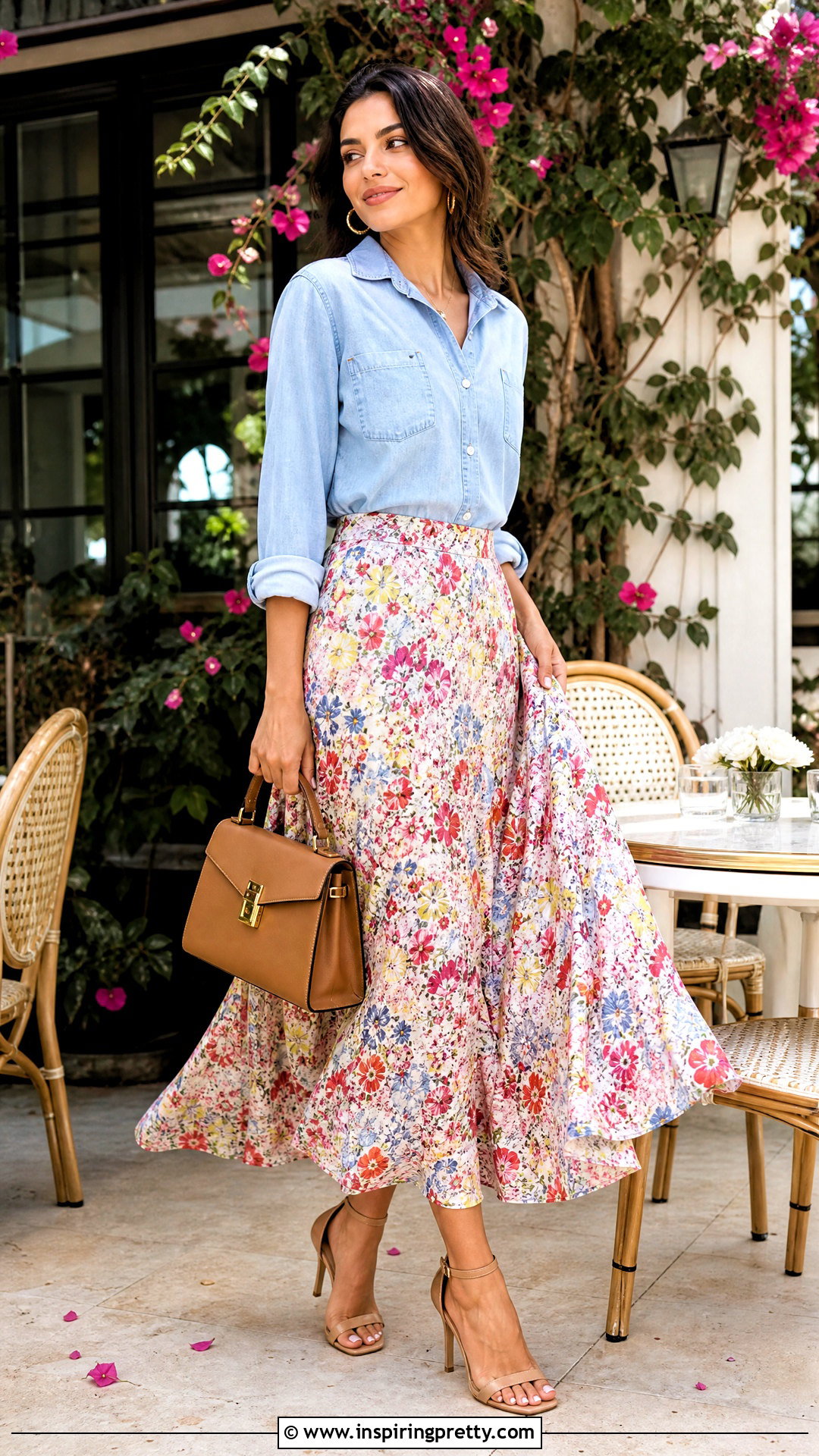 Jean Top With Floral Midi Skirt - 50 jean top outfits