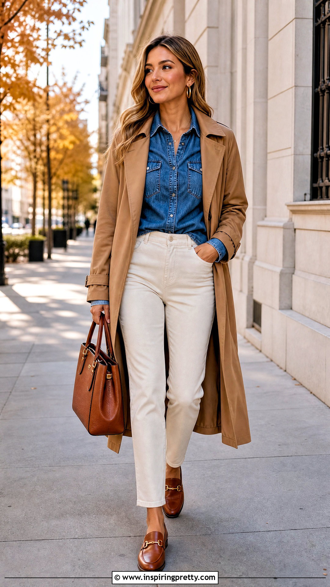 Jean Top With a Camel Trench Coat - 50 jean top outfits