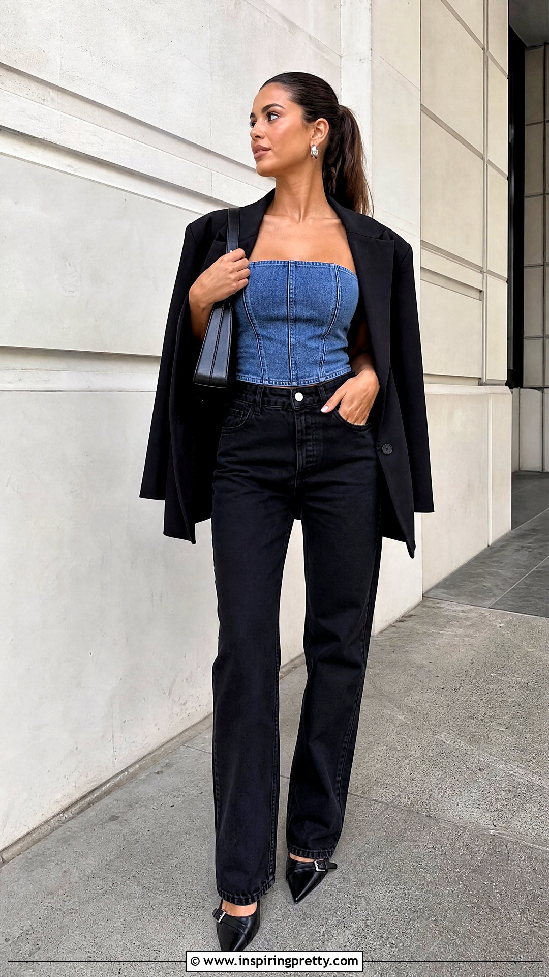 Jean Tube Top With Black Straight Leg Jeans - 50 jean tube top outfit ideas