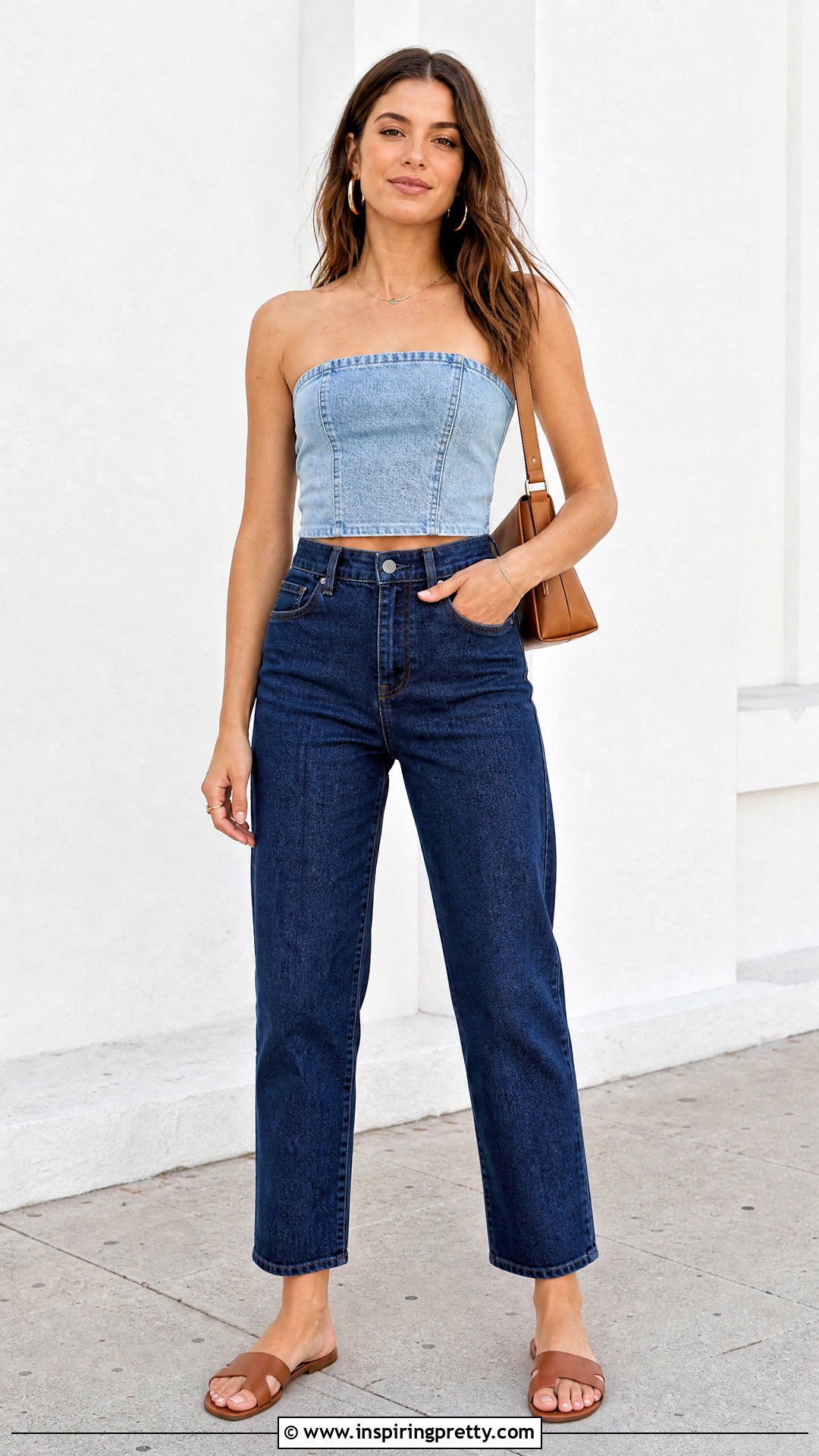 Jean Tube Top With High Rise Straight Jeans - 50 jean tube top outfit ideas