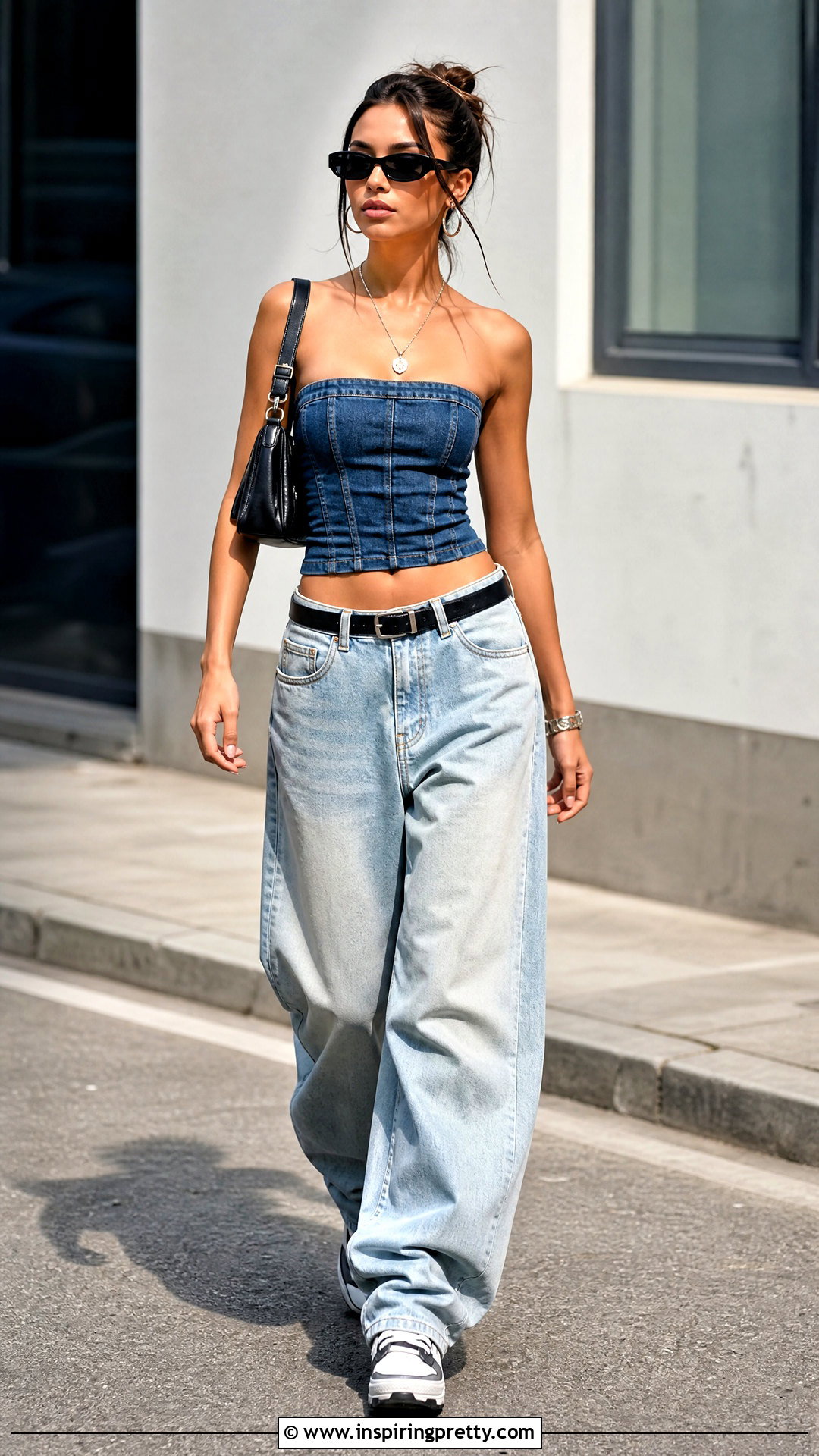 Jean Tube Top With Light Wash Baggy Jeans - 50 jean tube top outfit ideas