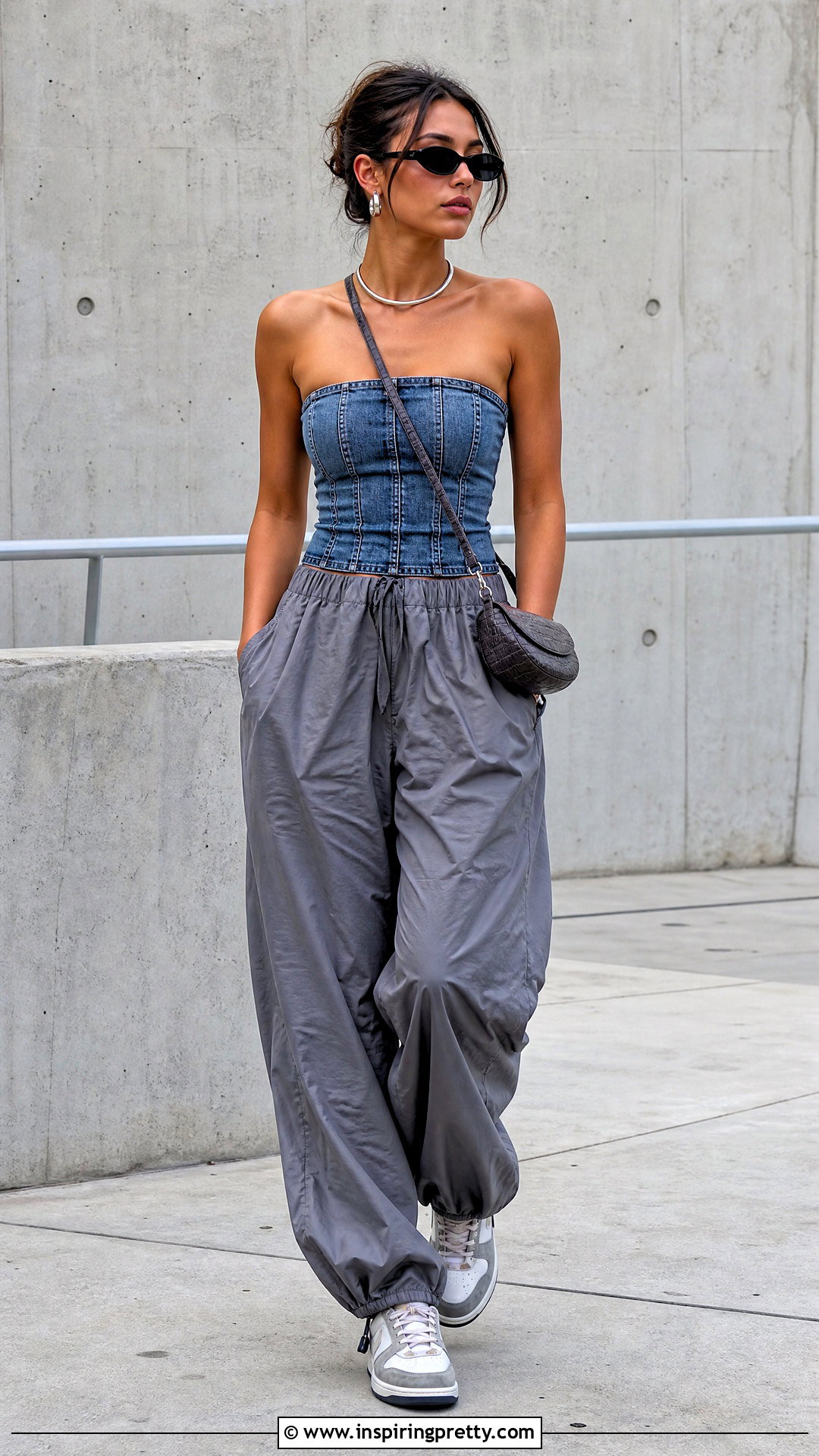 Jean Tube Top With Parachute Pants - 50 jean tube top outfit ideas