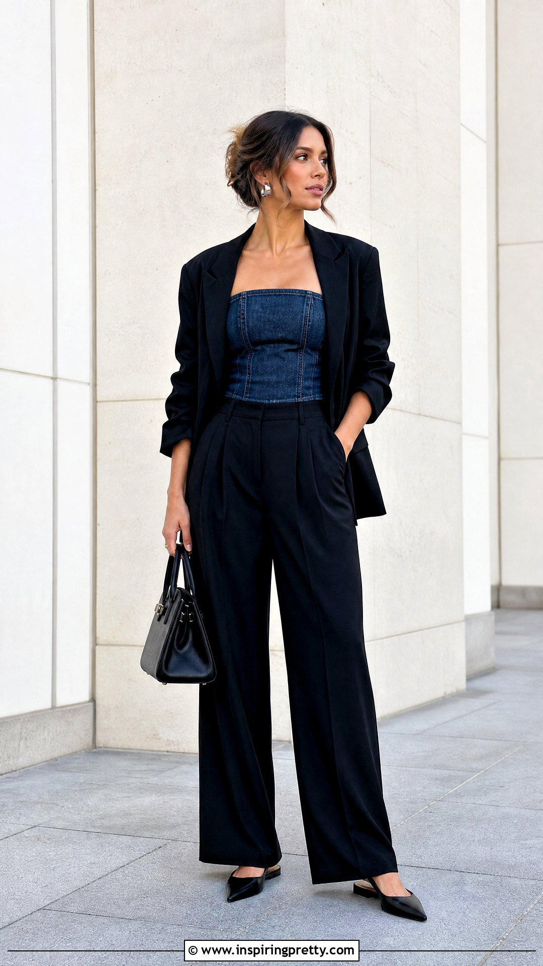 Jean Tube Top With Tailored Black Trousers - 50 jean tube top outfit ideas