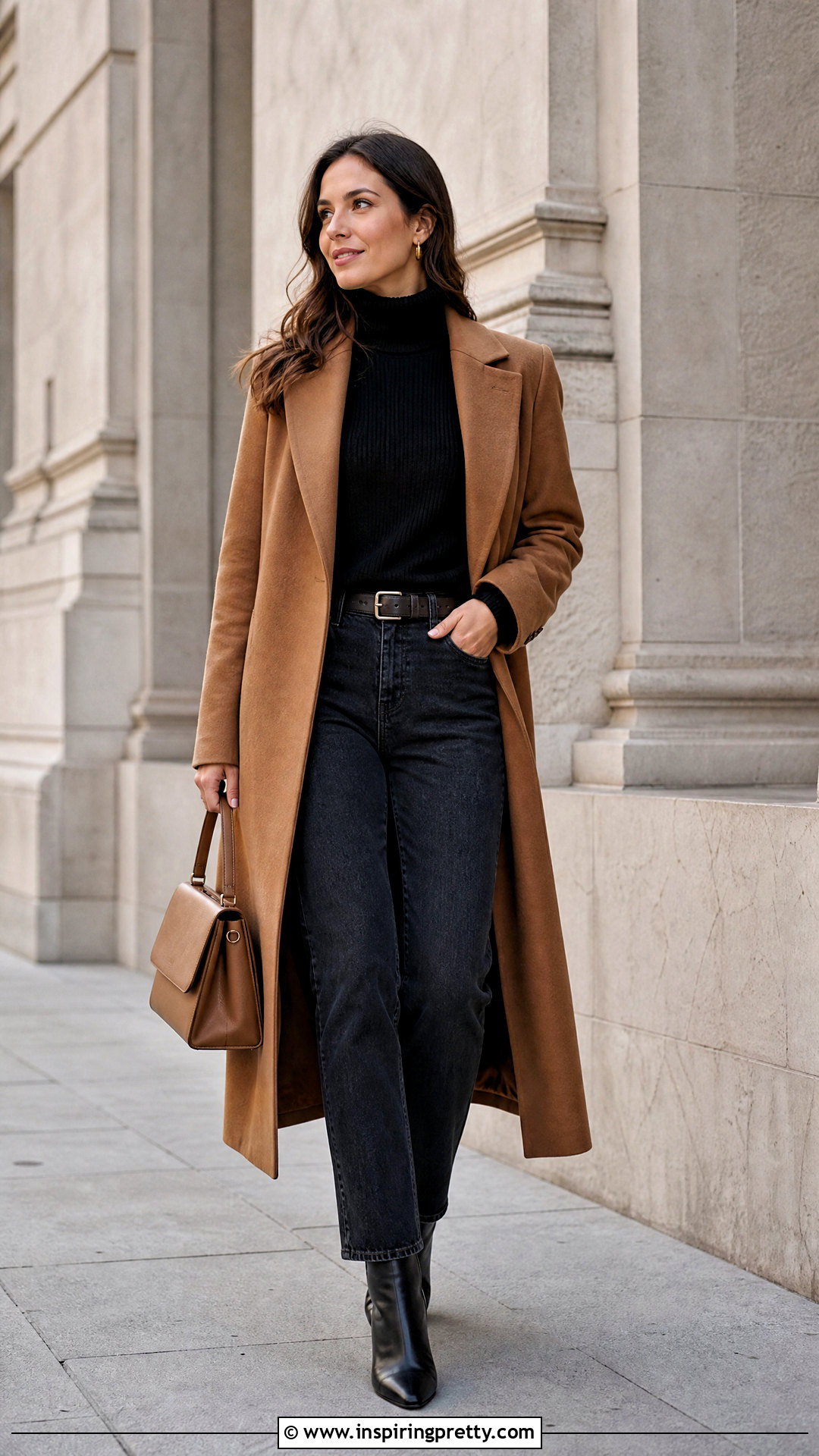 Jeans And Black Sweater With Camel Coat Outfit - 50 jeans and black top outfit ideas