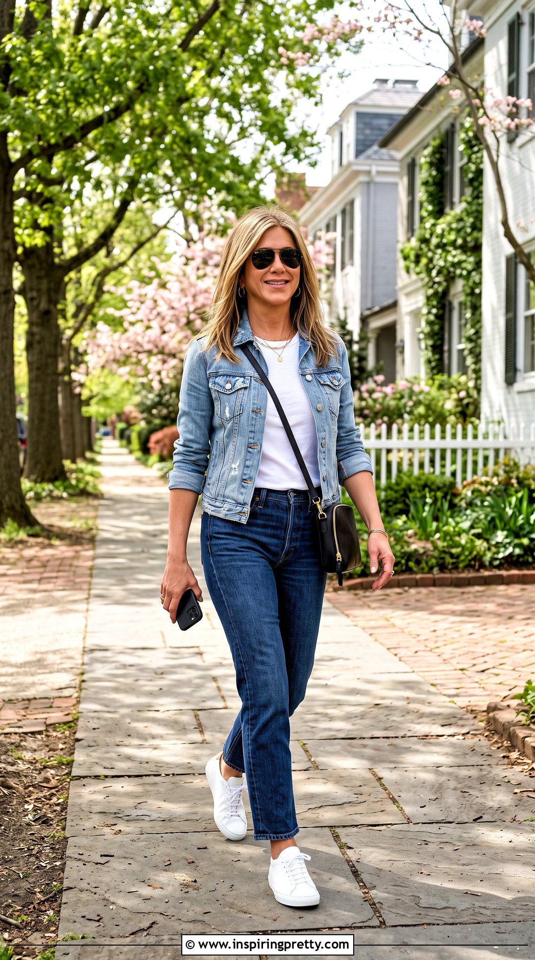 Jennifer Aniston White T Shirt With Denim Jacket - 20 Jennifer Aniston White Top outfit ideas