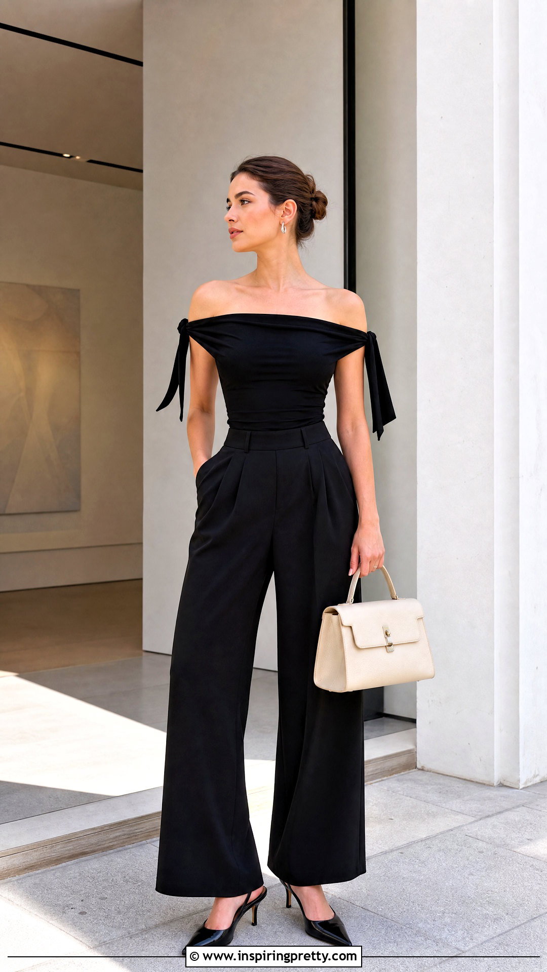 Jess Off Shoulder Top With Black Wide Leg Trousers - 20 Jess Off Shoulder Top outfit ideas