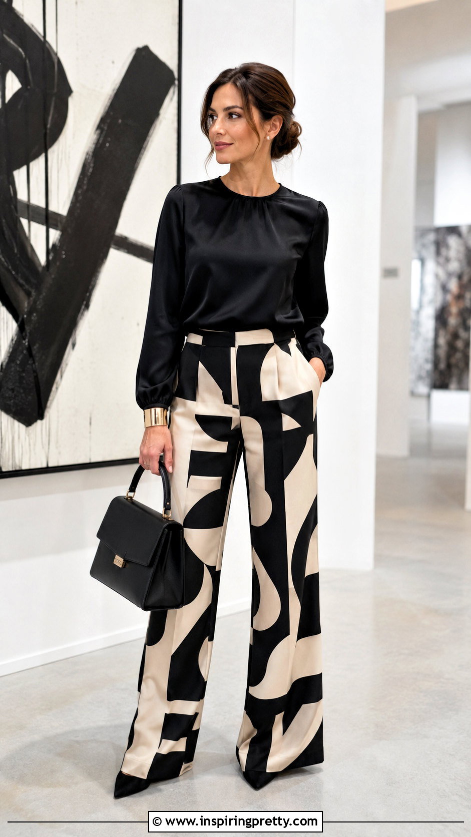 Jewel Neck Top With Printed Trousers - 50 dressy tops outfit ideas