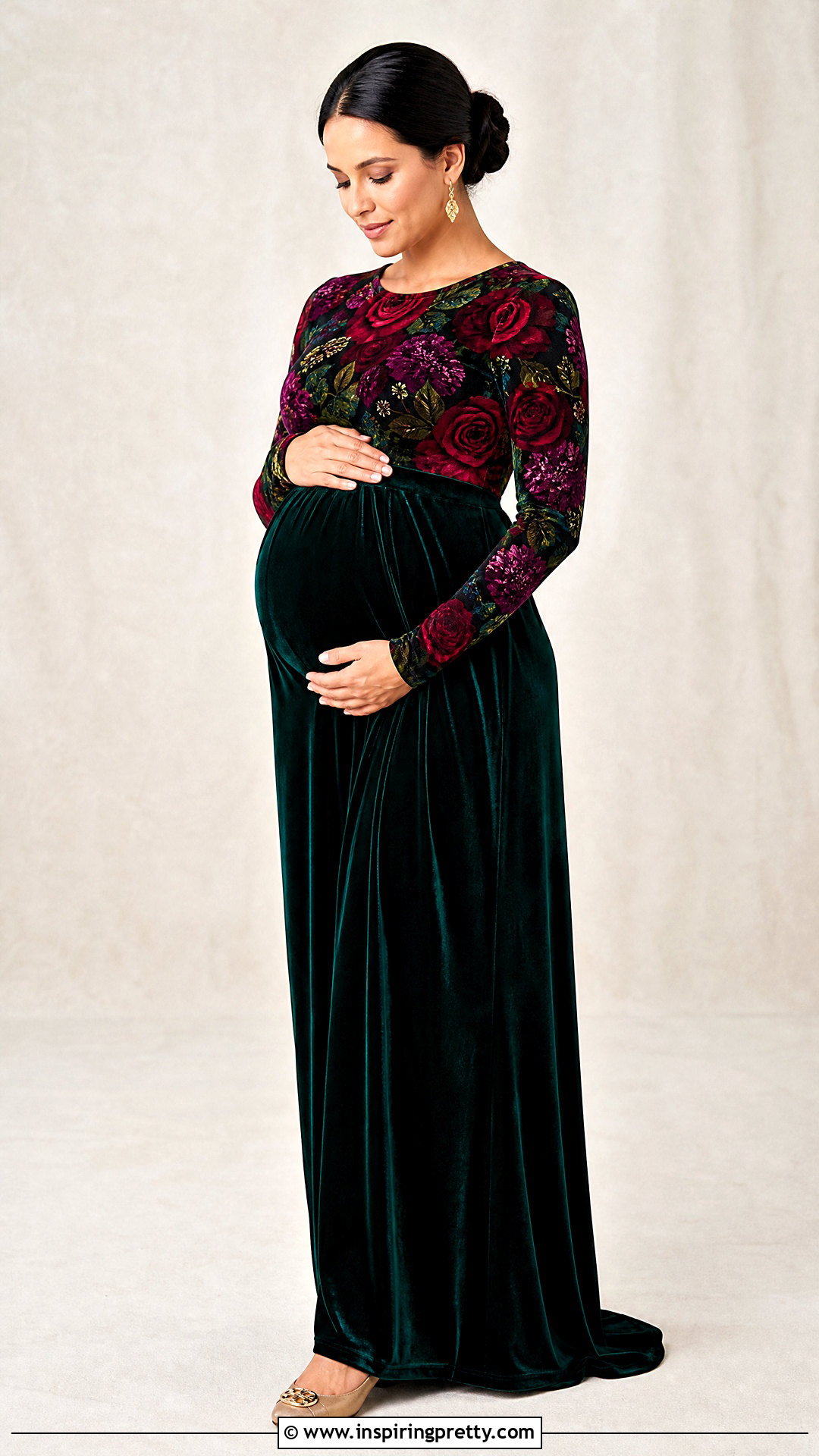 Jewel Tone Flower Top With Velvet Maxi Skirt - 20 maternity flower top photoshoot ideas