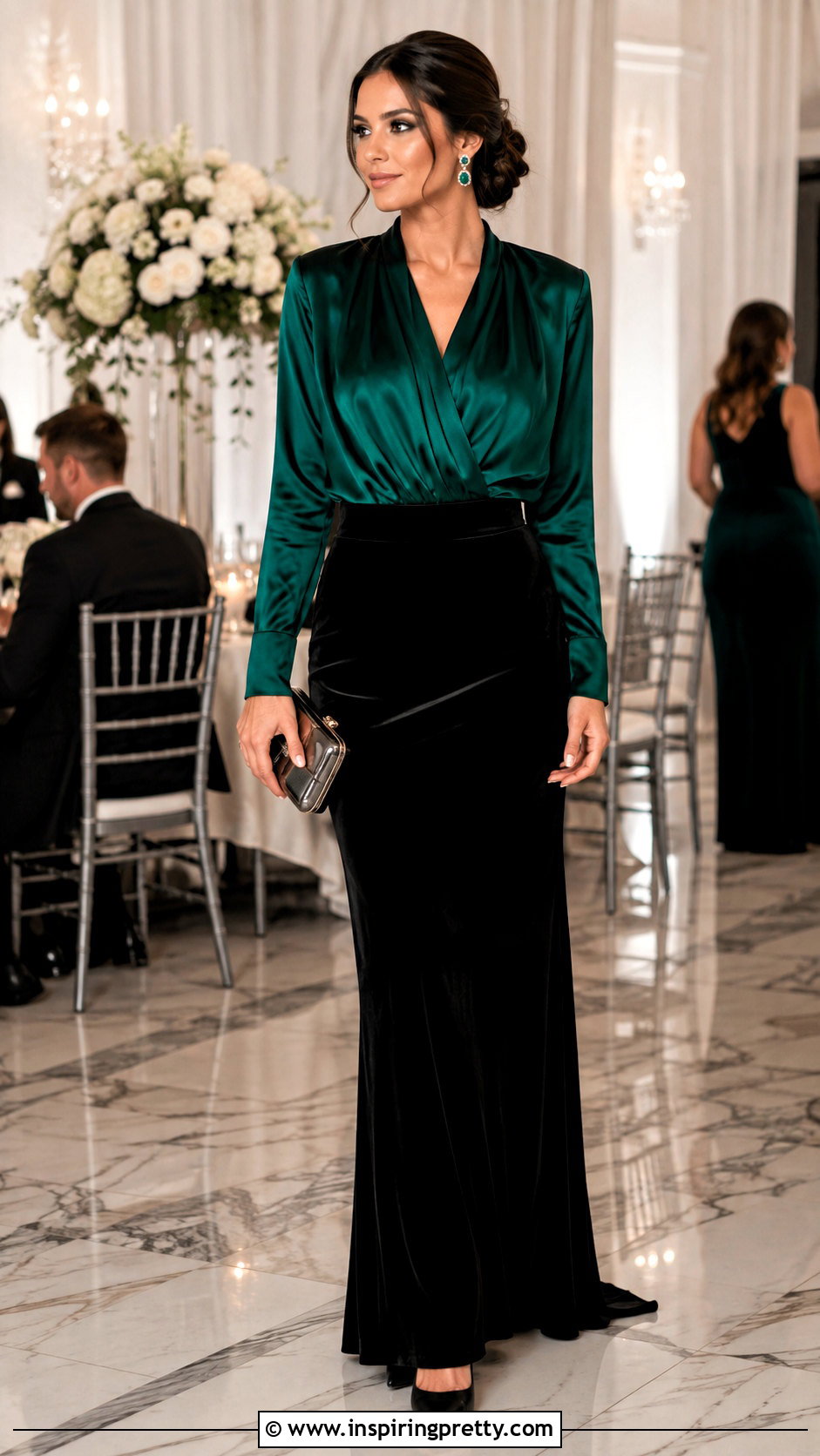 Jewel Tone Silk Black Tie Top With Velvet Maxi Skirt - 25 black tie tops for women