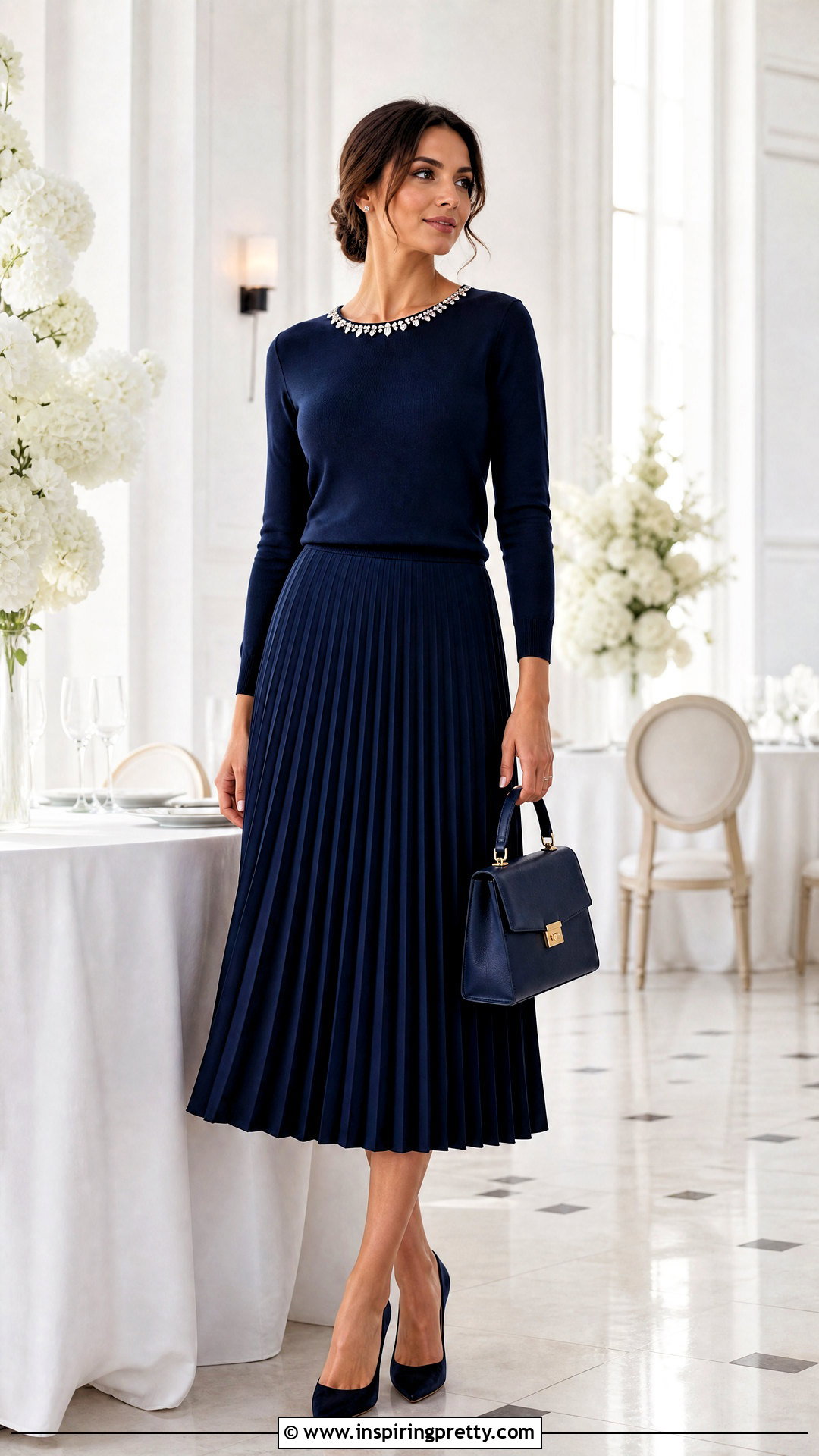 Jeweled Neckline Top With Pleated Skirt - 50 embellished top outfit ideas