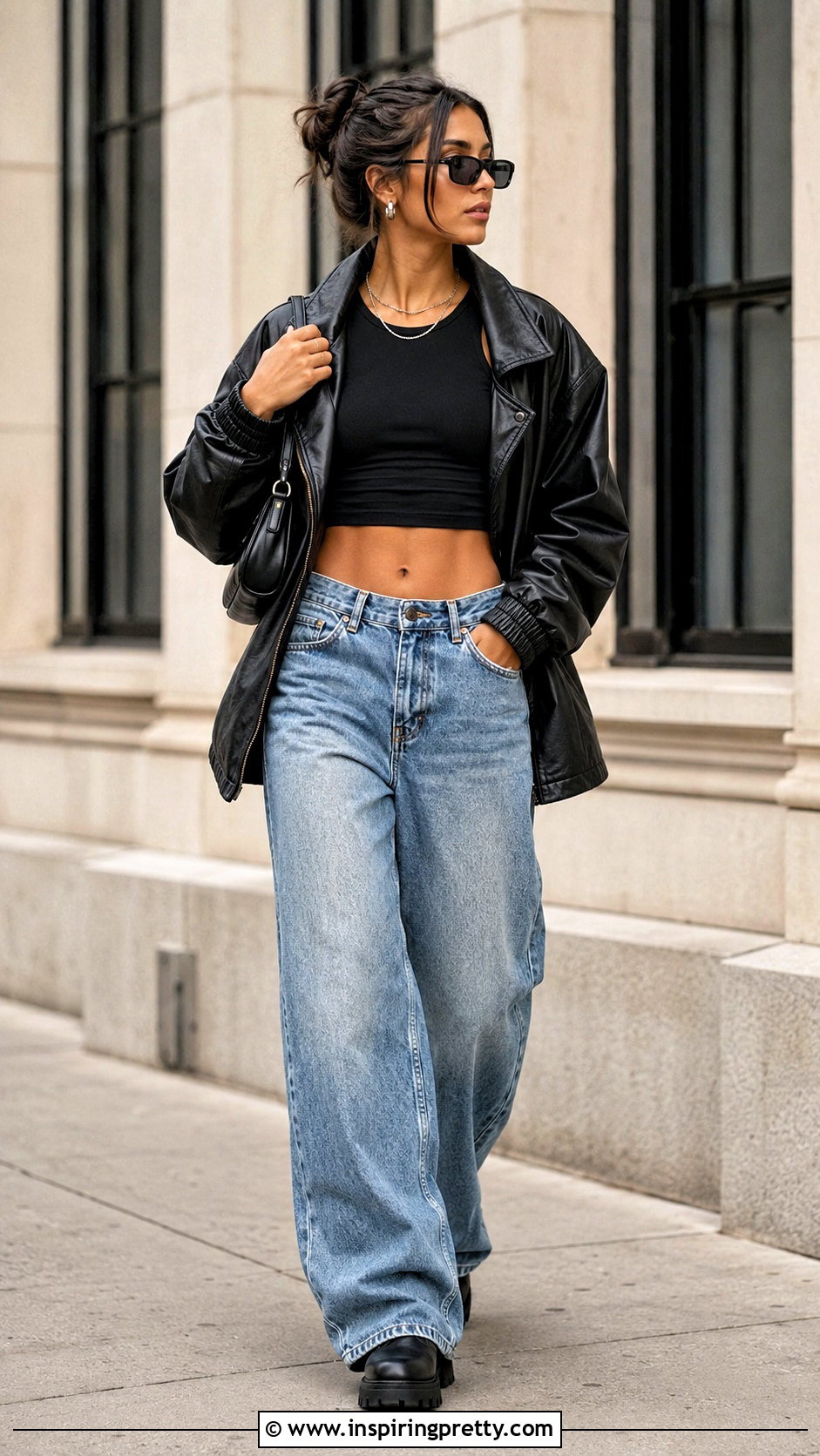 Joah Brown Crop Top With Baggy Jeans And Leather Jacket - 20 Joah Brown Crop Top outfit ideas