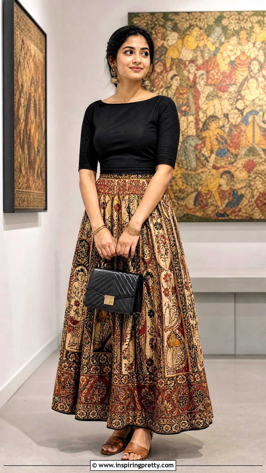Kalamkari Cotton Skirt With Black Blouse - 50 cotton skirt and top indian outfit ideas