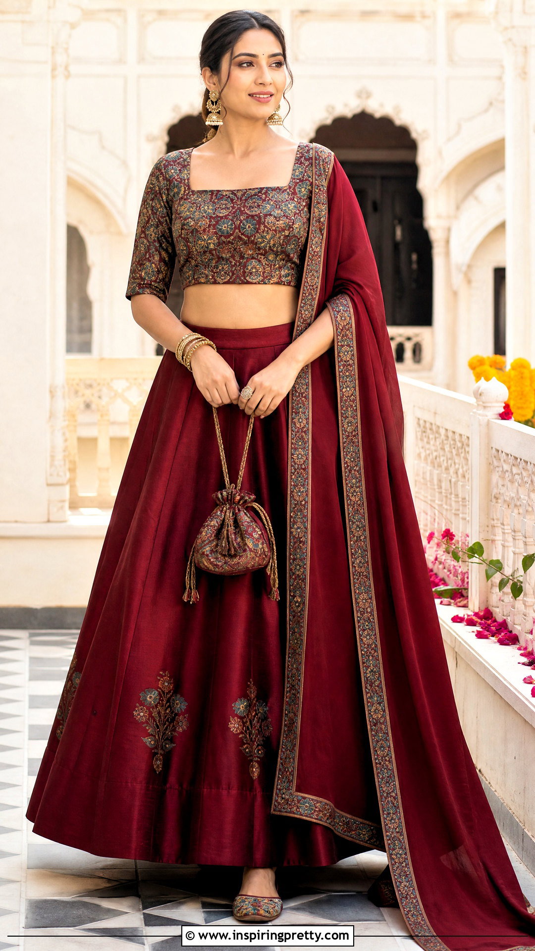 Kalamkari Crop Top Blouse With Silk Lehenga - 50 latest crop top blouse designs