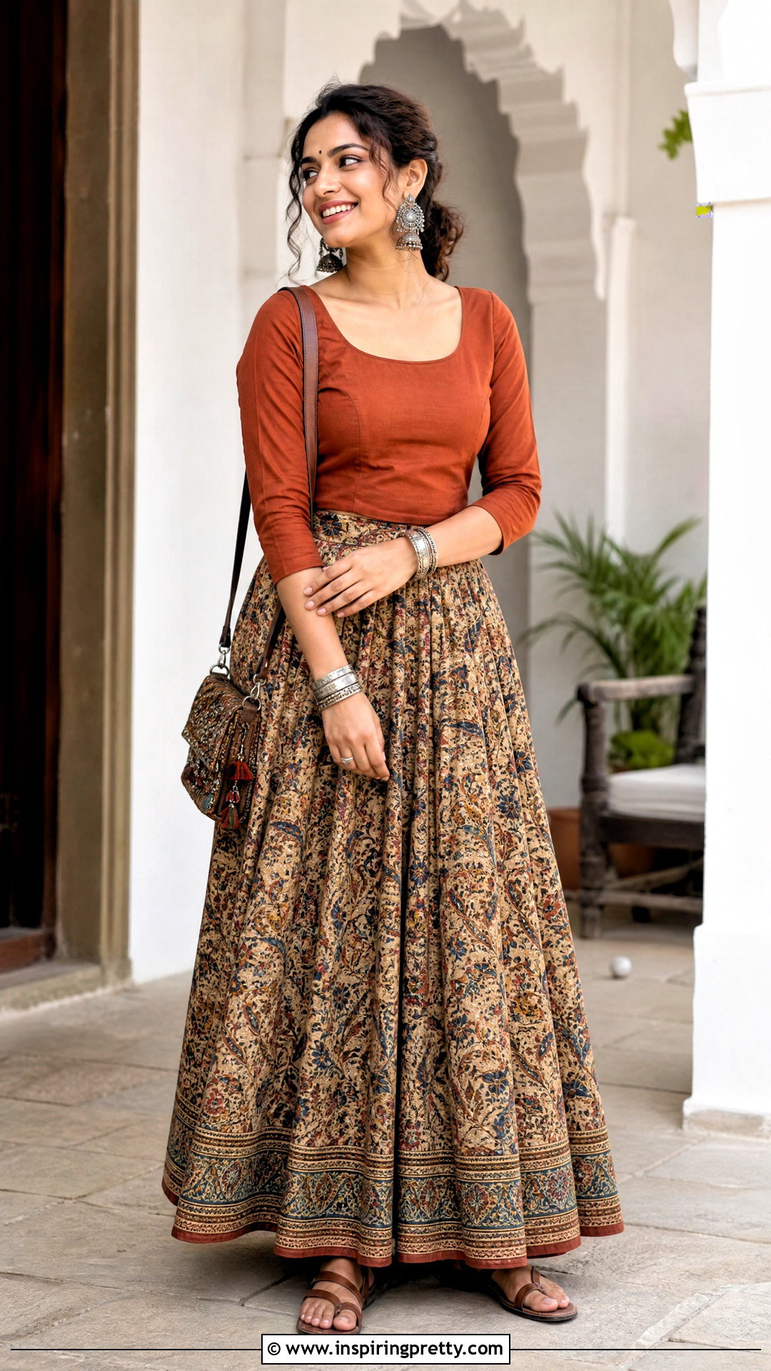 Kalamkari Ethnic Skirt And Cotton Blouse Outfit - 50 ethnic skirt and top outfit ideas