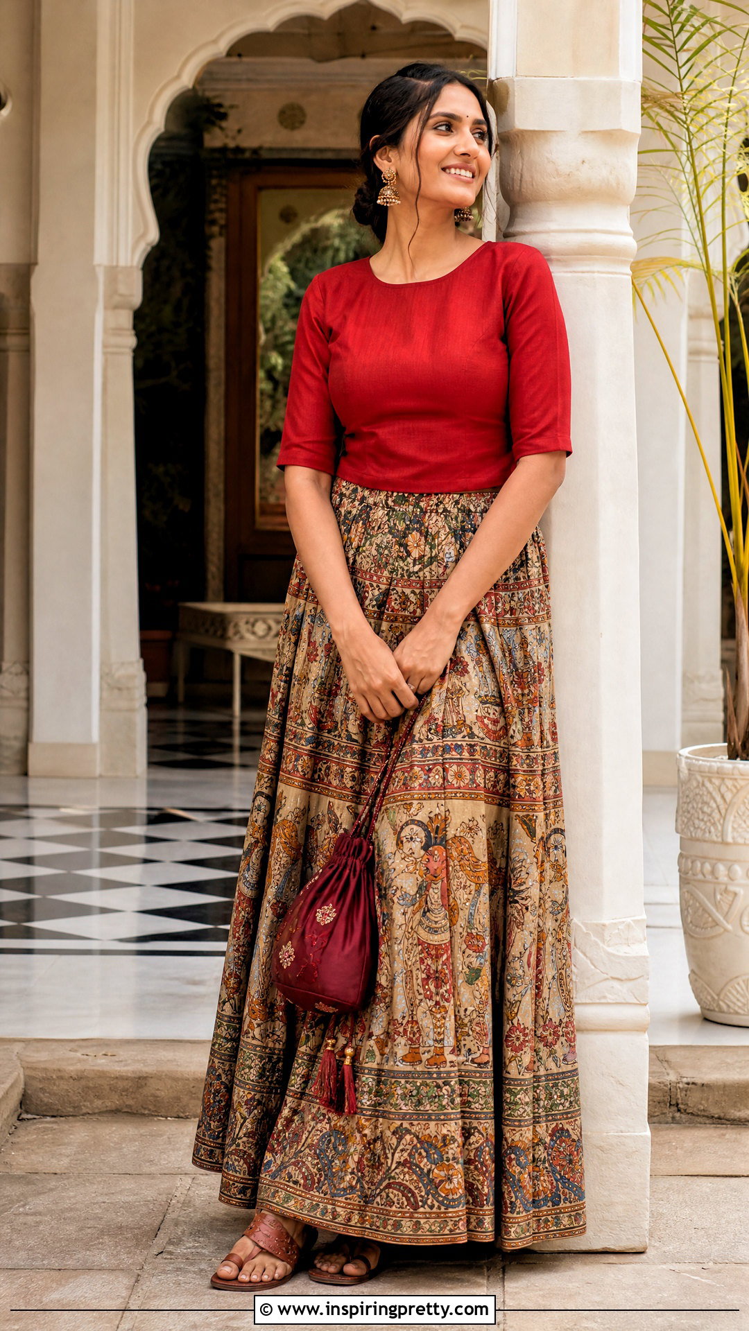 Kalamkari Indian Skirt And Red Top Outfit - 50 indian skirt and top outfits