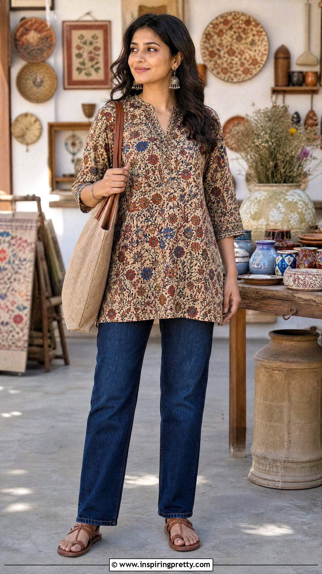 Kalamkari Kurti With Dark Blue Jeans - 50 kurti tops for jeans