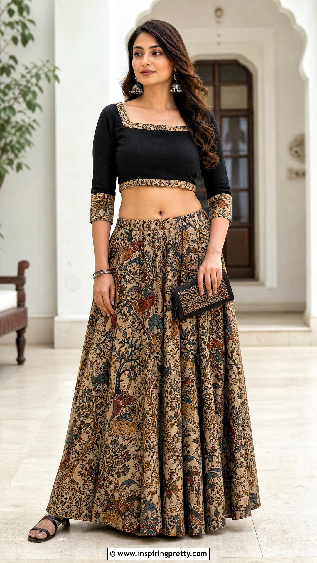 Kalamkari Saree Skirt And Black Crop Top - 25 skirt and crop top from old saree ideas