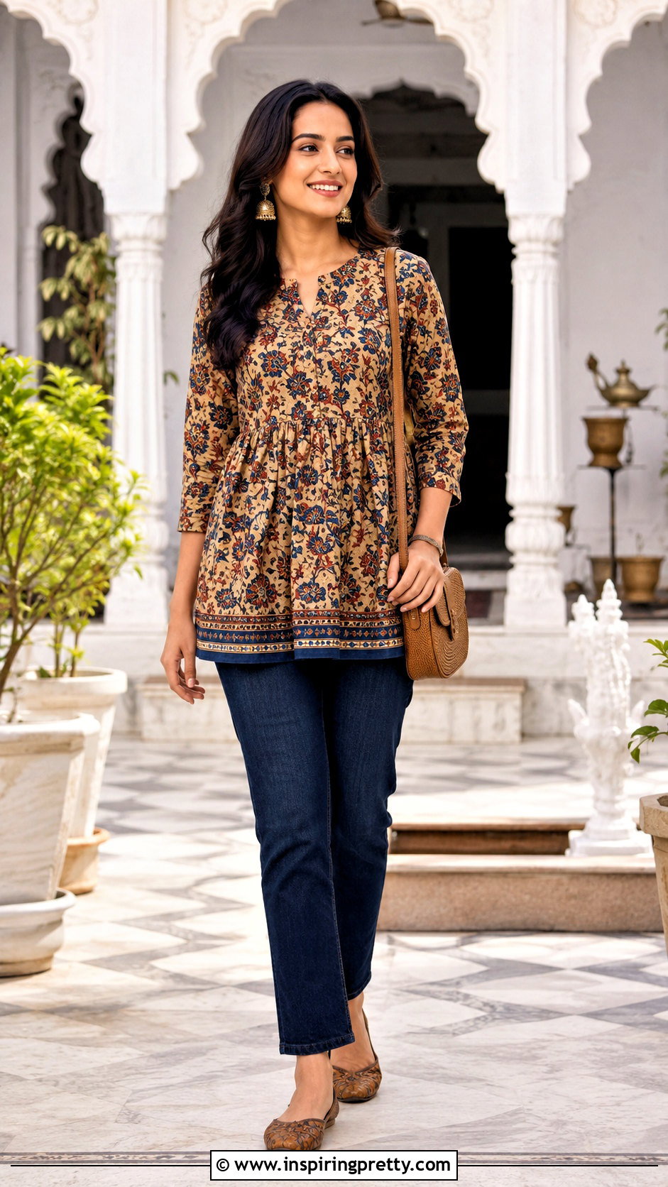 Kalamkari Short Kurti With Blue Jeans - 50 short kurti tops for jeans