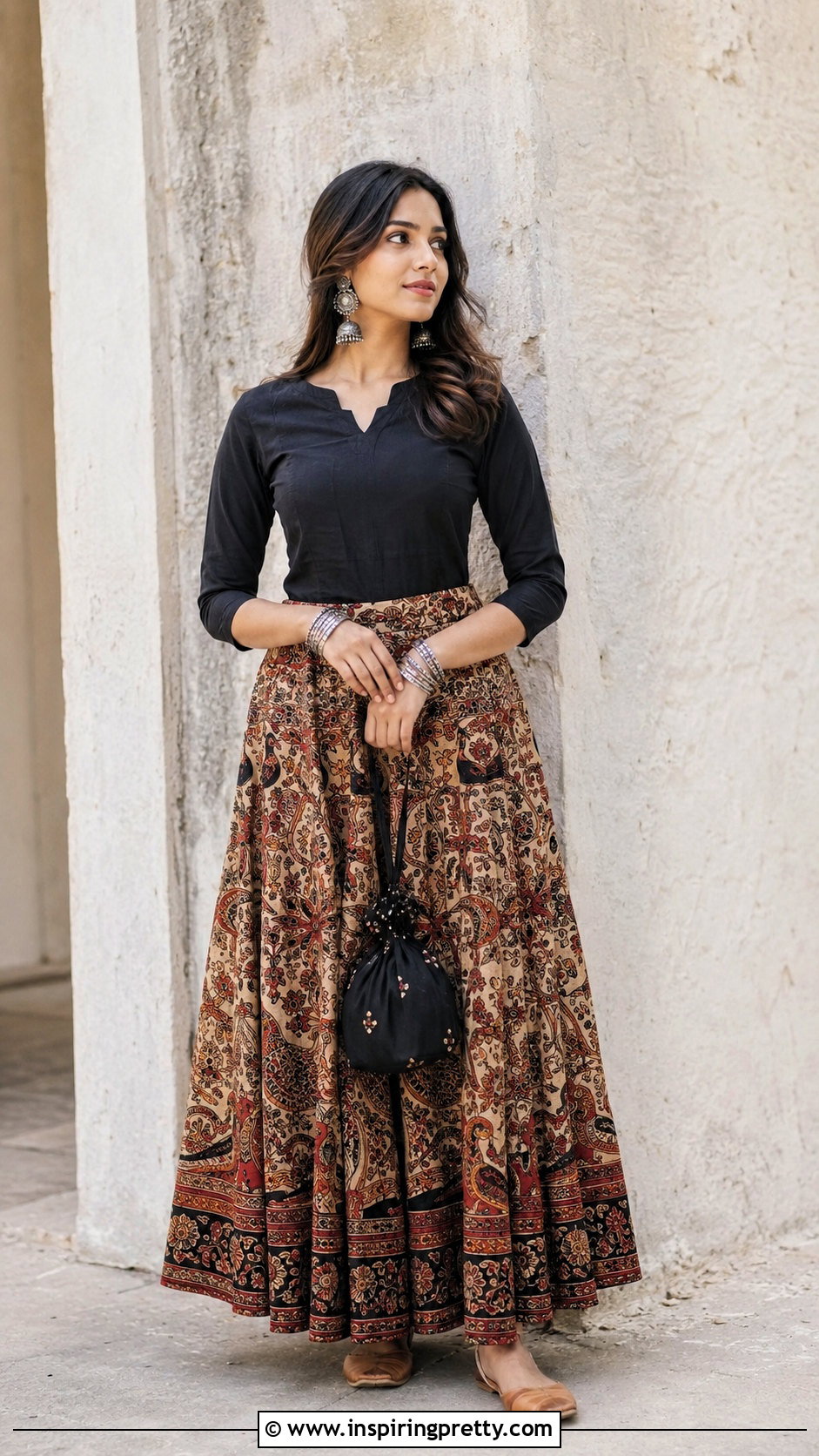 Kalamkari Skirt And Black Top Indian Outfit - 50 skirt and top indian outfits